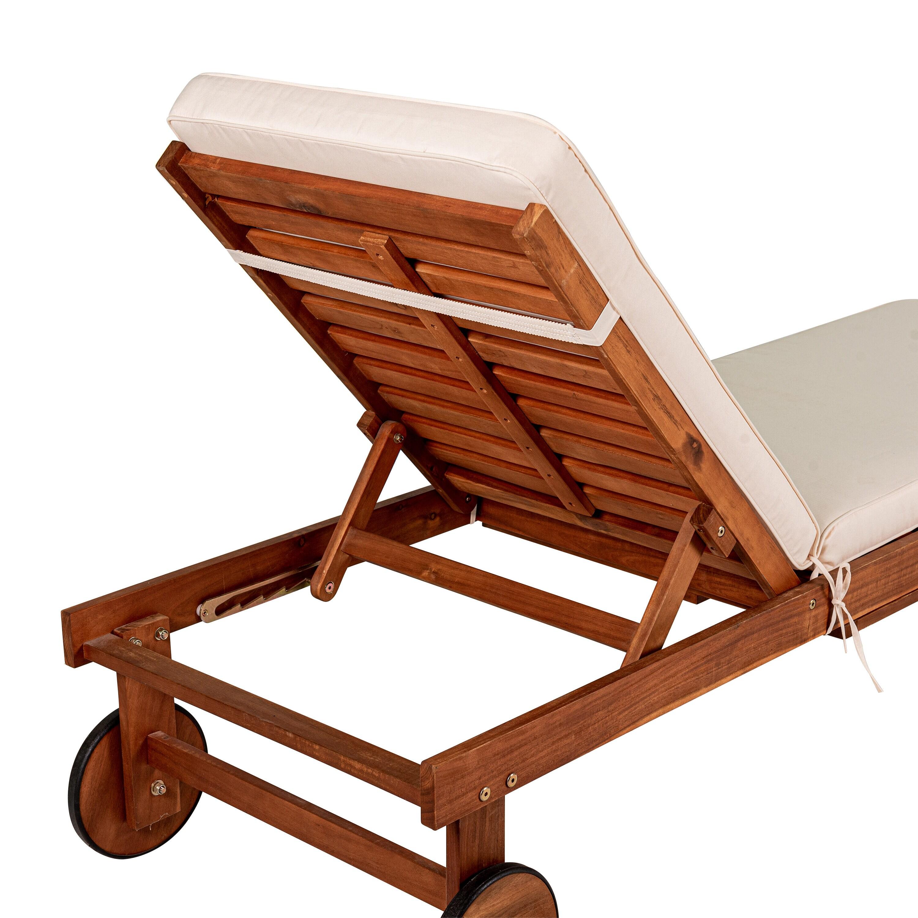 Seabrook 69 x 24 Inch Outdoor Acacia Wood Lounger with Cushion, 5-Position Back, Slide Table & Wheels, Light Brown -JONATHAN Y