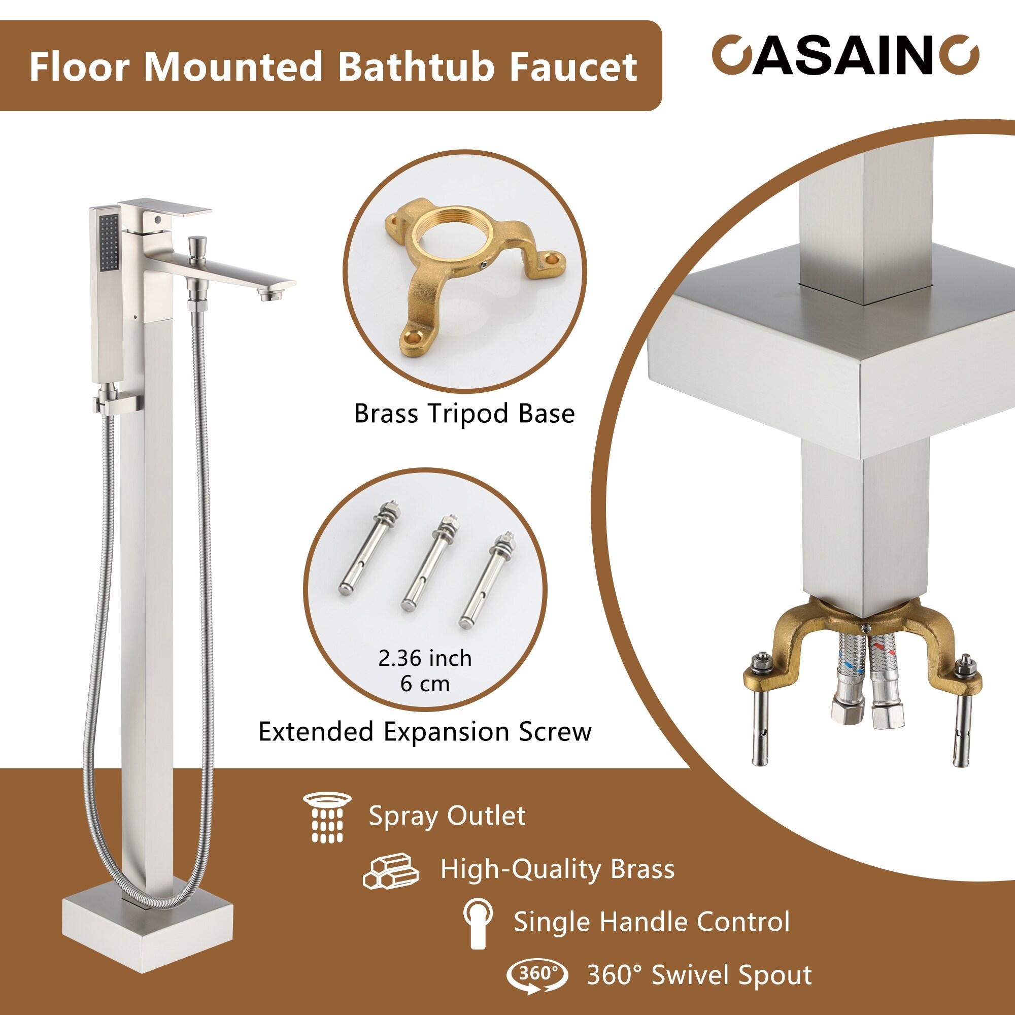 1-Handle Floor Mount Freestanding Tub Faucet with Handheld Shower in Brushed Nickel