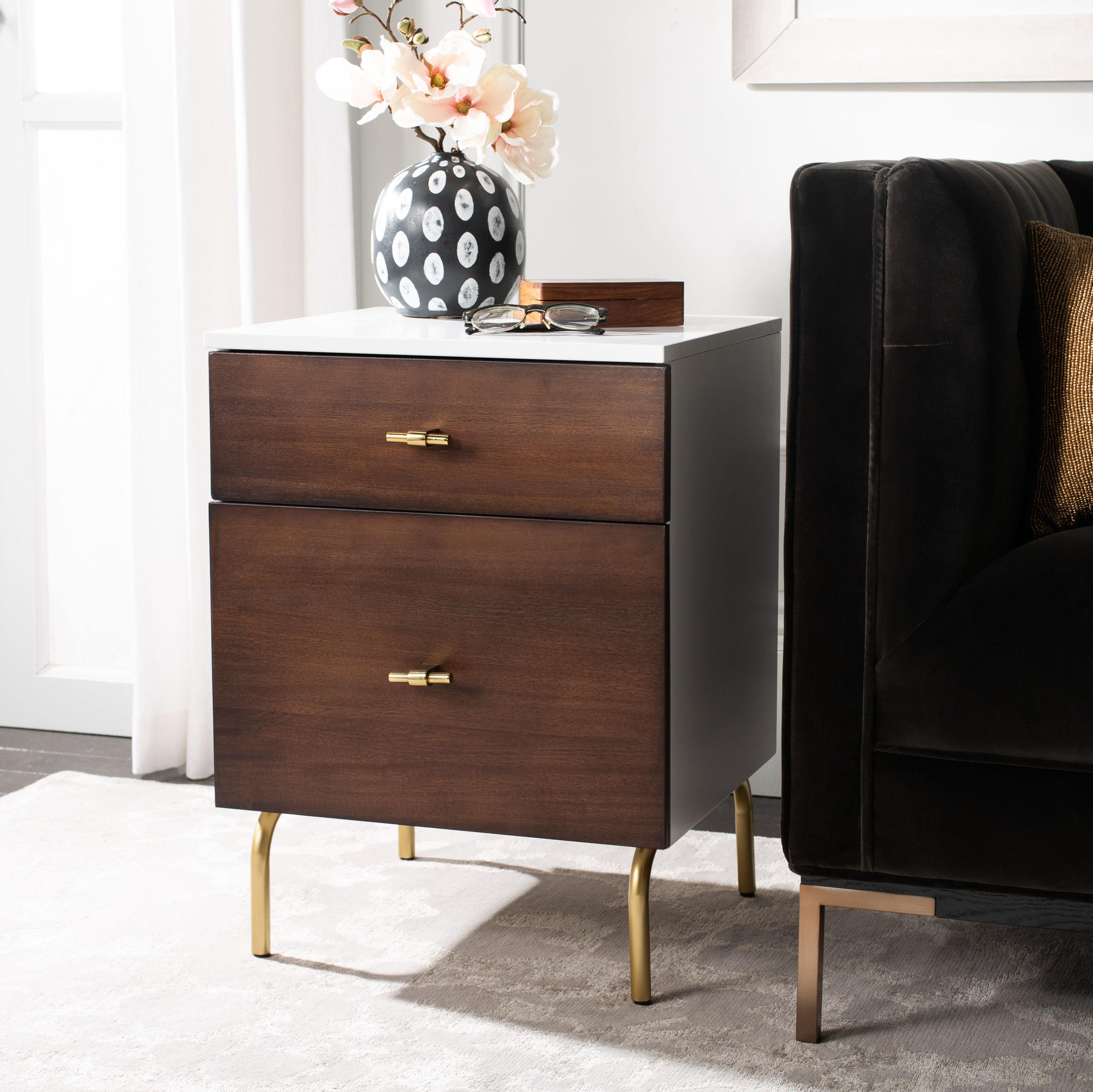 Genevieve 2 Drawer Nightstand - Walnut/White/Gold - Safavieh.