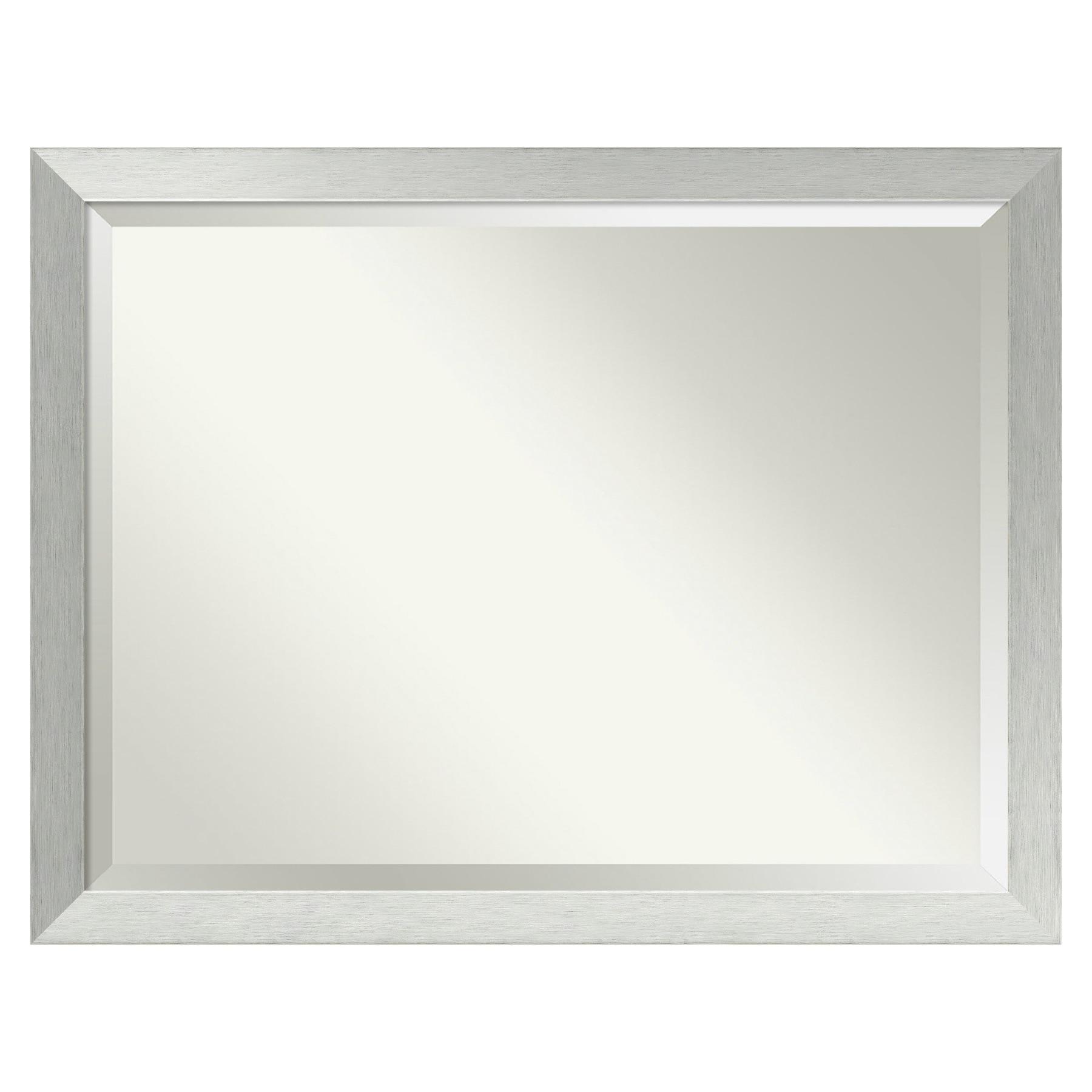 Brushed Sterling Silver Beveled Wood Bathroom Wall Mirror