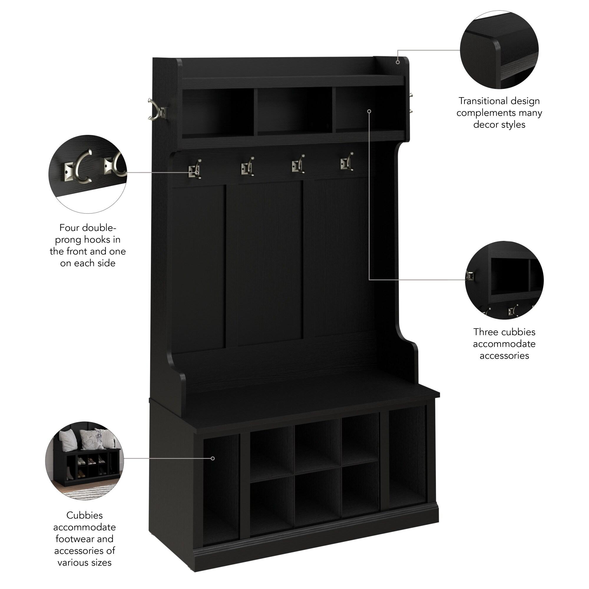 Bowery Hill 40" Engineered Wood Hall Tree and Shoe Bench w/ Shelves in Black Oak