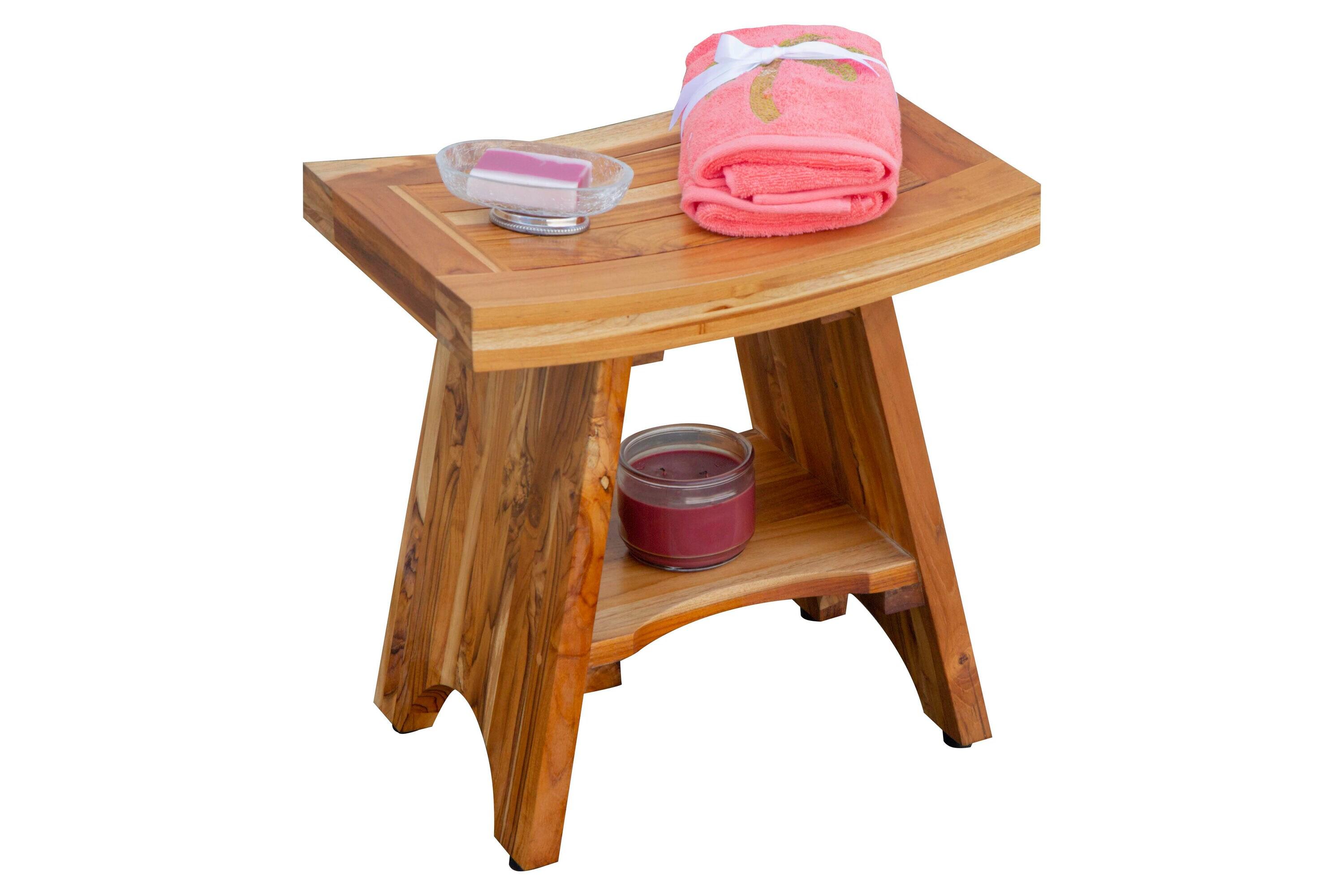 18" Serenity ED961 Wide Teak Shower Bench with Shelf - EcoDecors: Durable Bathroom Stool, Water Resistant, Easy to Clean