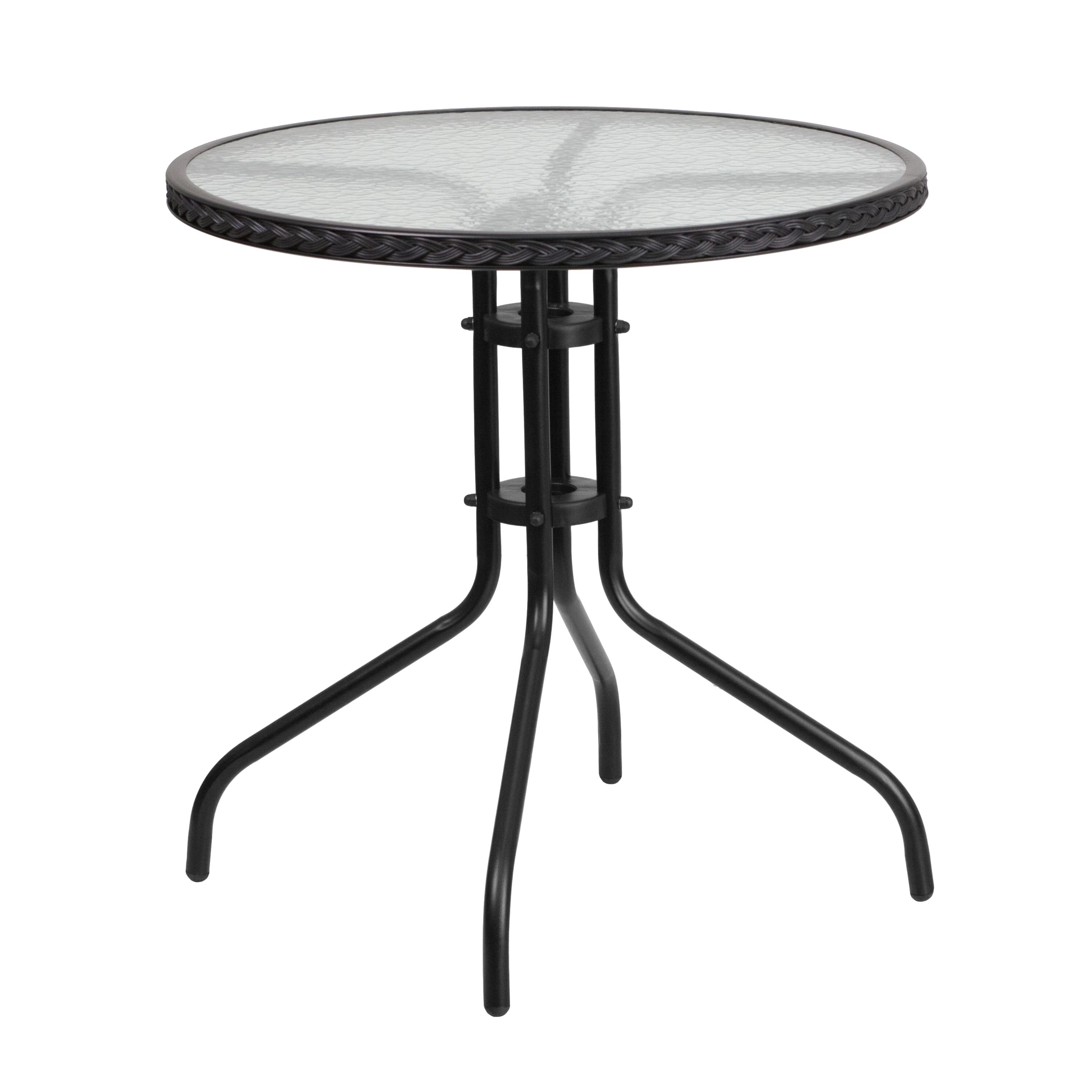Flash Furniture 28'' Round Tempered Glass Metal Table with Black Rattan Edging