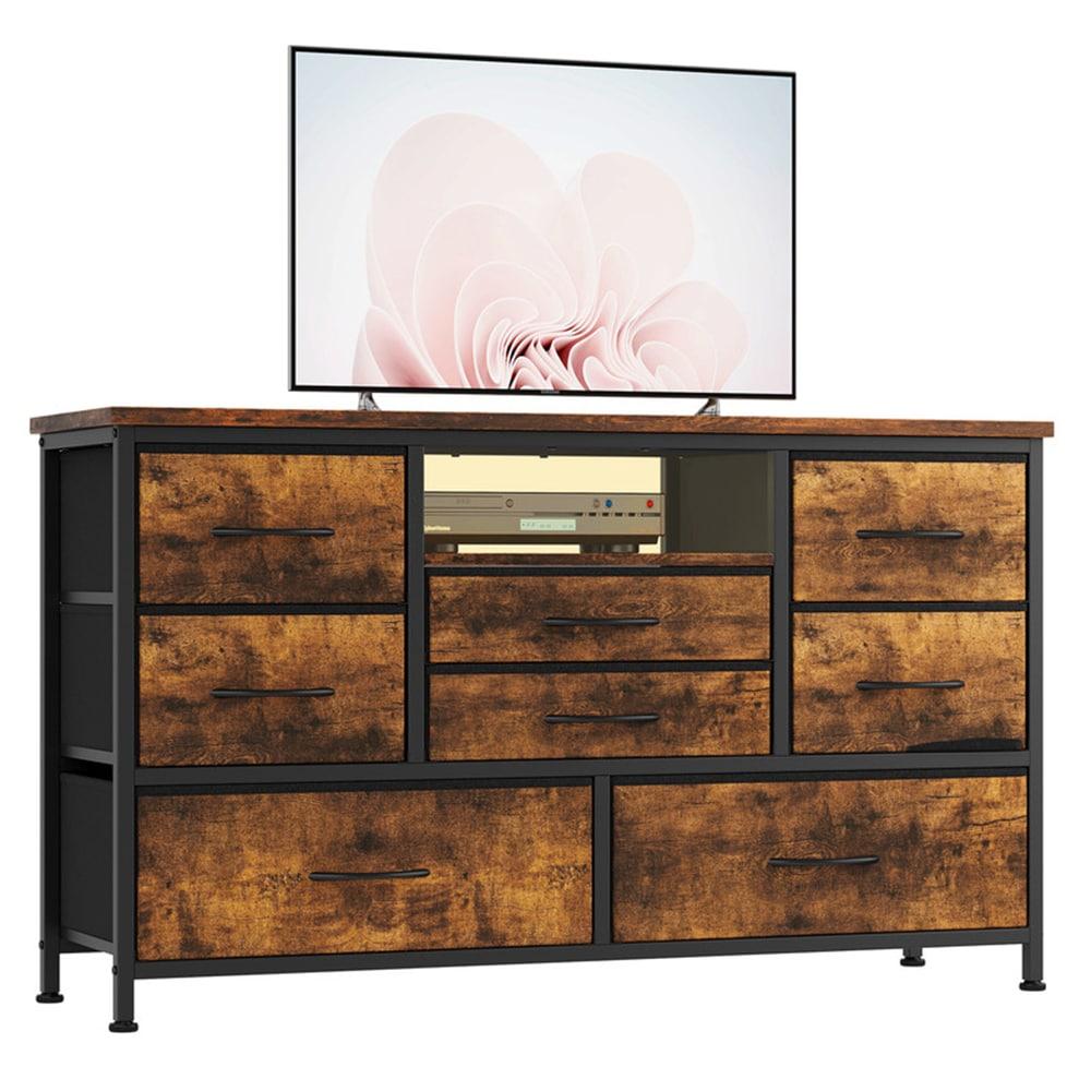 INDSUMOT 8 Dresser TV Stand with Power Outlet & LED for 55'' TV, Long Dresser for Bedroom with 8 Deep Drawers, Wide Console Table for Storage in Closet, Living Room, Entryway, Wood Top(Rustic Brown)