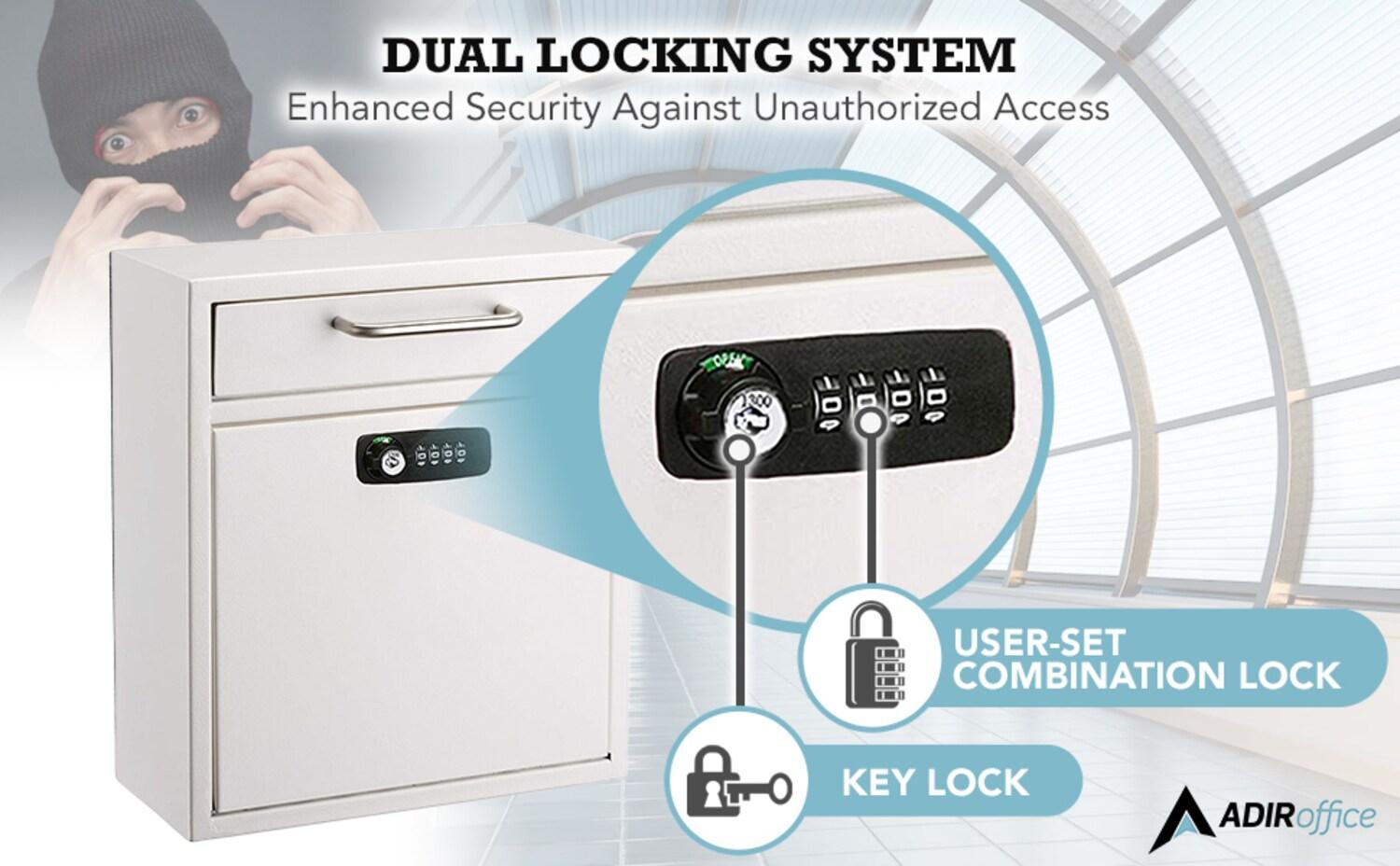AdirOffice Wall-Mount Secure Drop Box Mailbox with Key and Combination Locking System