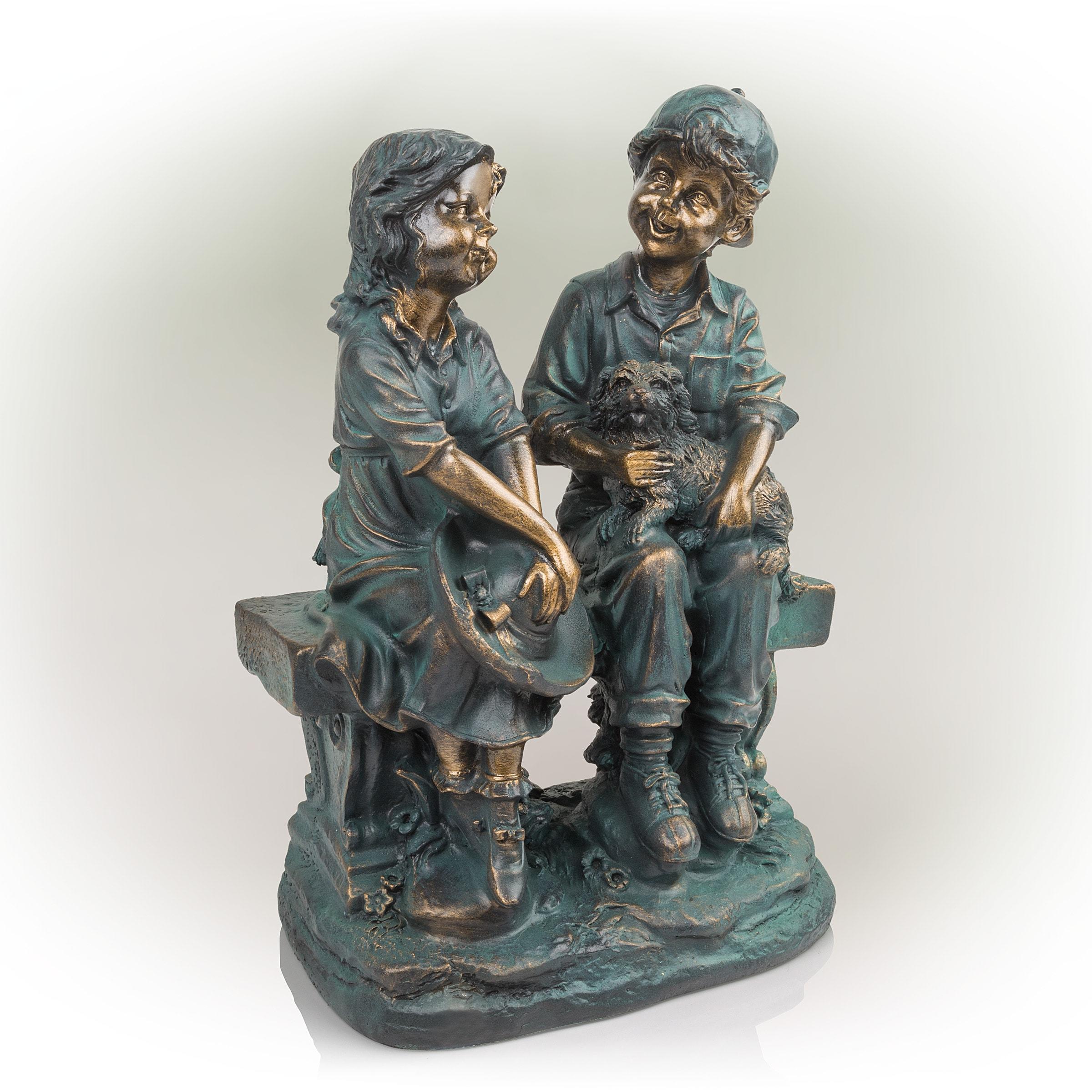Alpine Corporation 16" Polyresin Girl and Boy with Dog Sitting on Bench Sculpture Bronze: Durable Outdoor Decor, Magnesium Oxide, Rust-Resistant