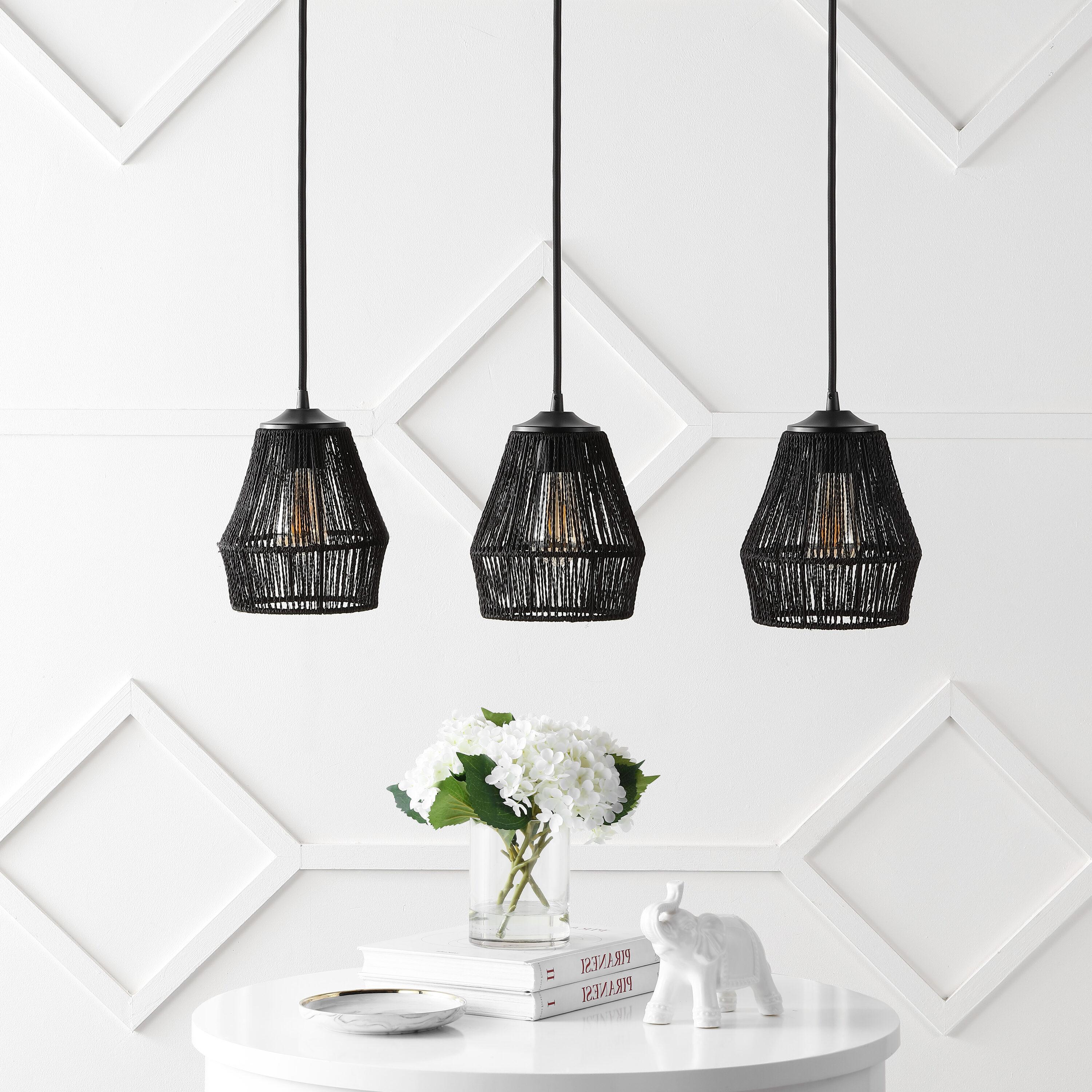 30" 3-Light Ibiza Island Woven Rope/Metal Bohemian Coastal Linear Pendant (Includes LED Light Bulb) Black - JONATHAN Y