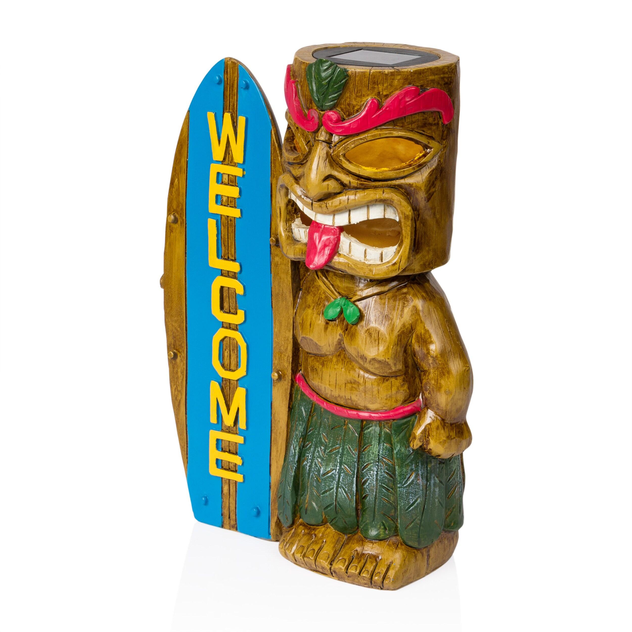 Alpine Corporation Solar Tiki with Welcome Surf Board Statuary and LED Lights