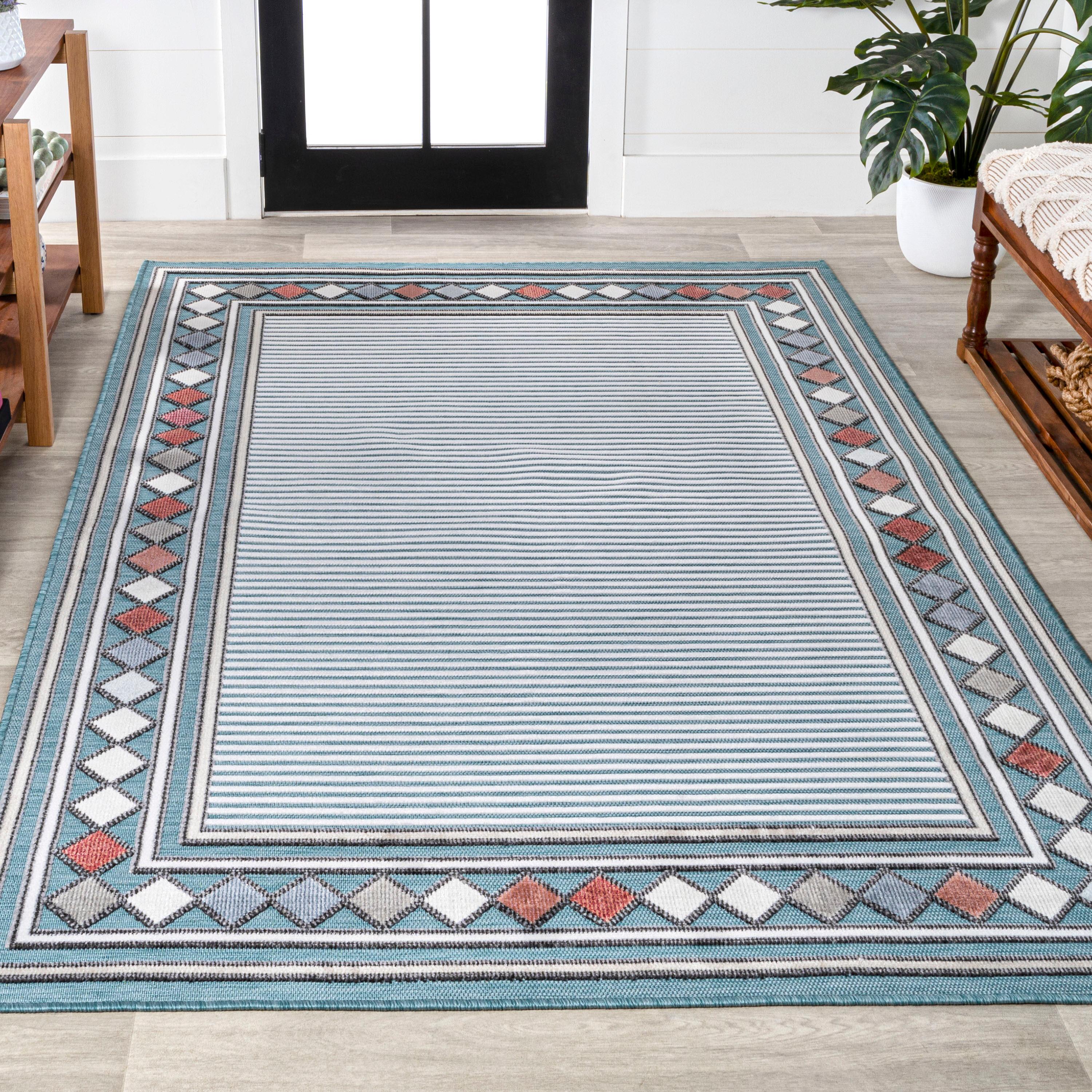 JONATHAN Y Sebastian High-Low Modern Diamond Border Blue/Ivory 5 ft. x 8 ft. Indoor/Outdoor Area Rug