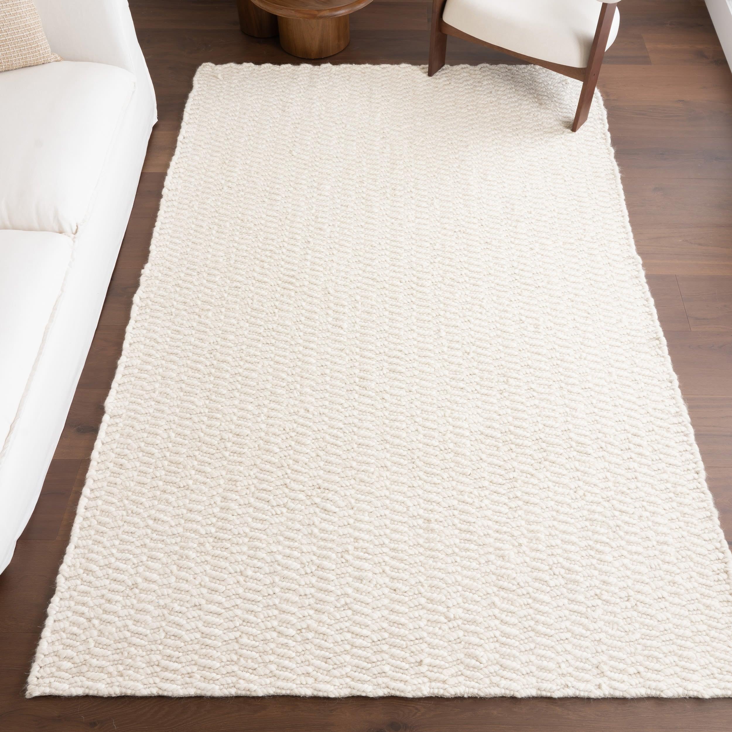 Elegant Ivory Solid Wool Handwoven 7'6" x 9'6" Area Rug