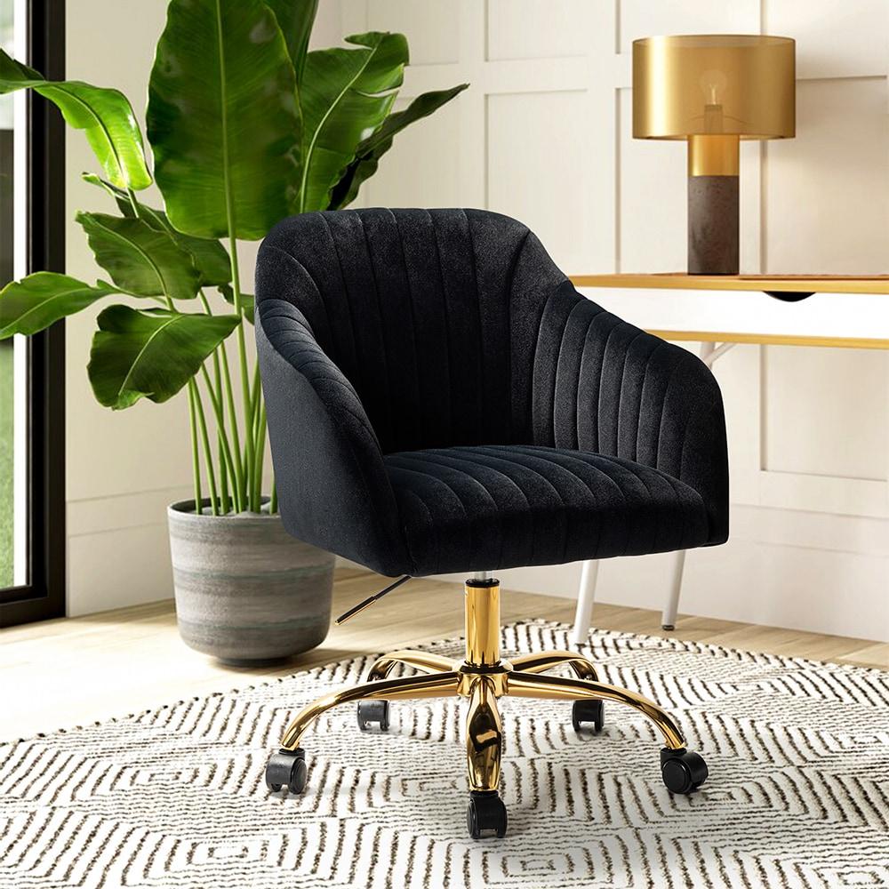 Black Velvet Swivel Office Chair with Gold Legs, Adjustable Height Rolling Desk Chair for Home Office Vanity