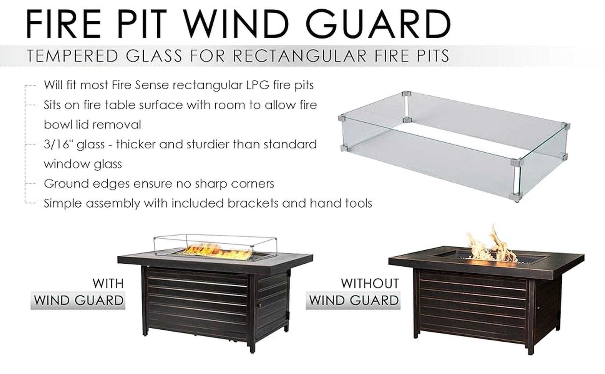 Fire Sense Wind Guard Clear Tempered Glass for Fire Pits & Patio Heaters - Rectangular Wind Guard