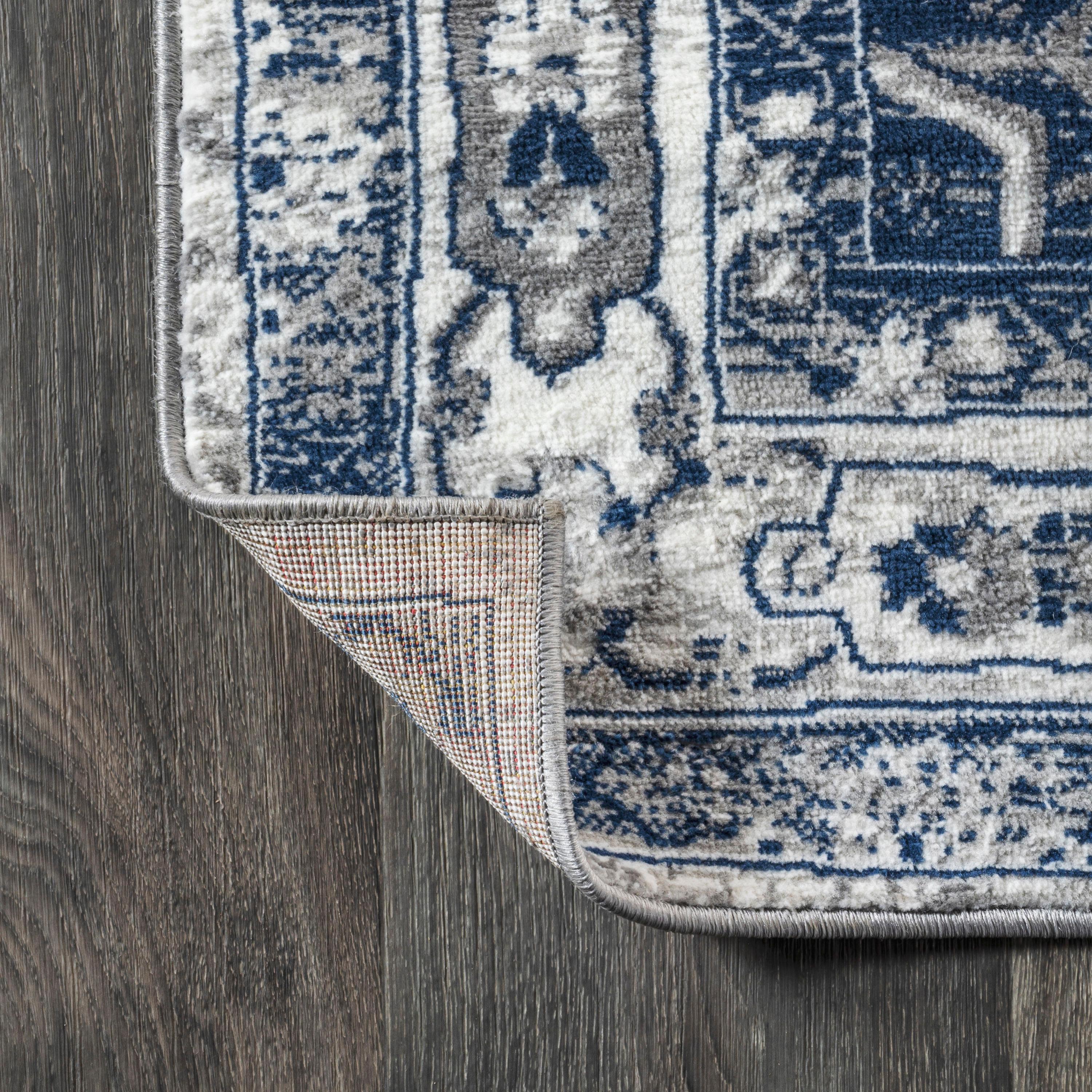 2'x8' Modern Persian Vintage Medallion Runner Rug, Light Grey/Navy - JONATHAN Y