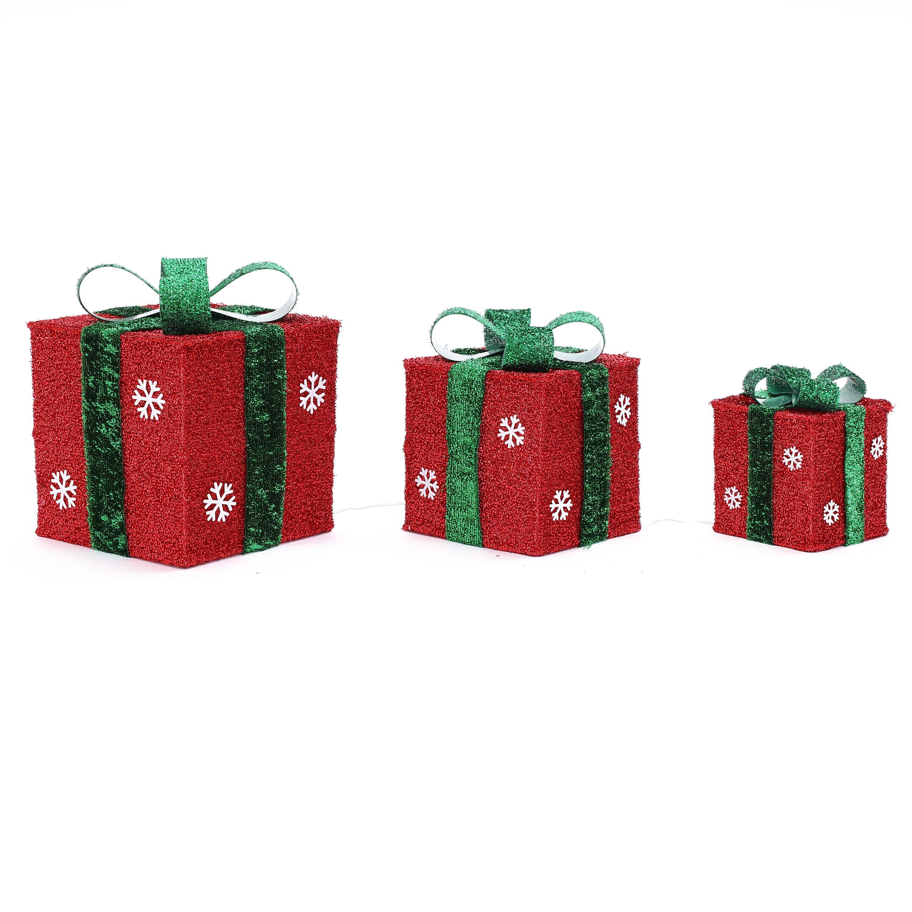 LuxenHome Set of 3 Red and Green Presents with Bows Lighted LED Indoor Outdoor Holiday Decoration