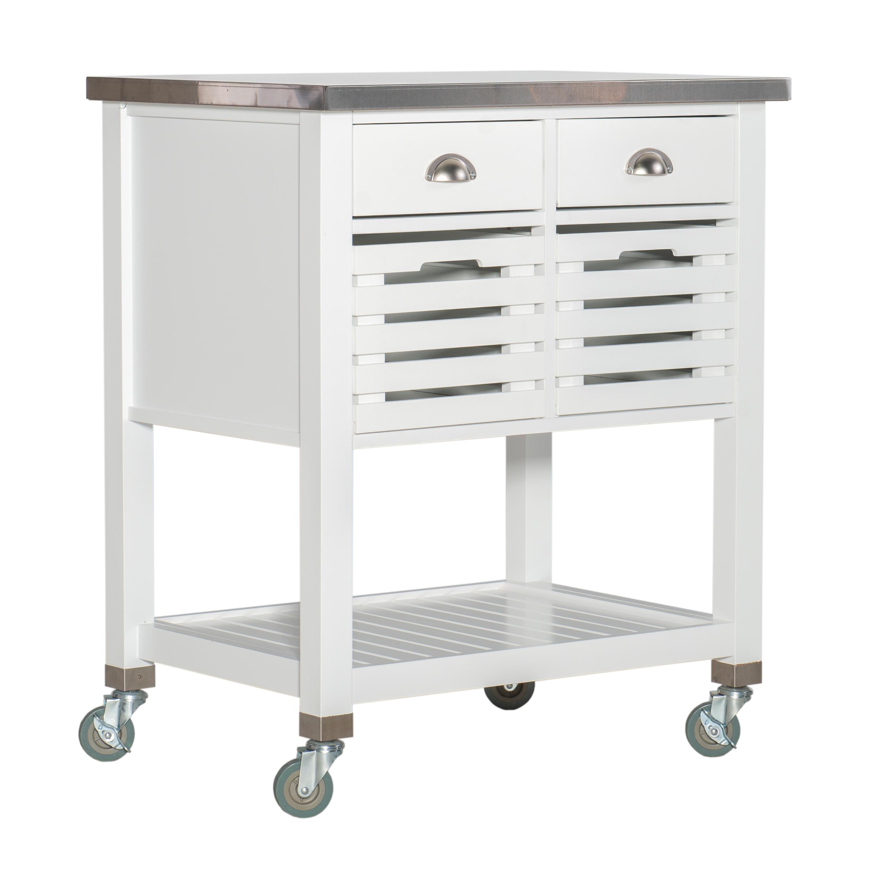 Robbin White Wood Kitchen Cart: Stainless Steel Top, Storage on Wheels - Linon