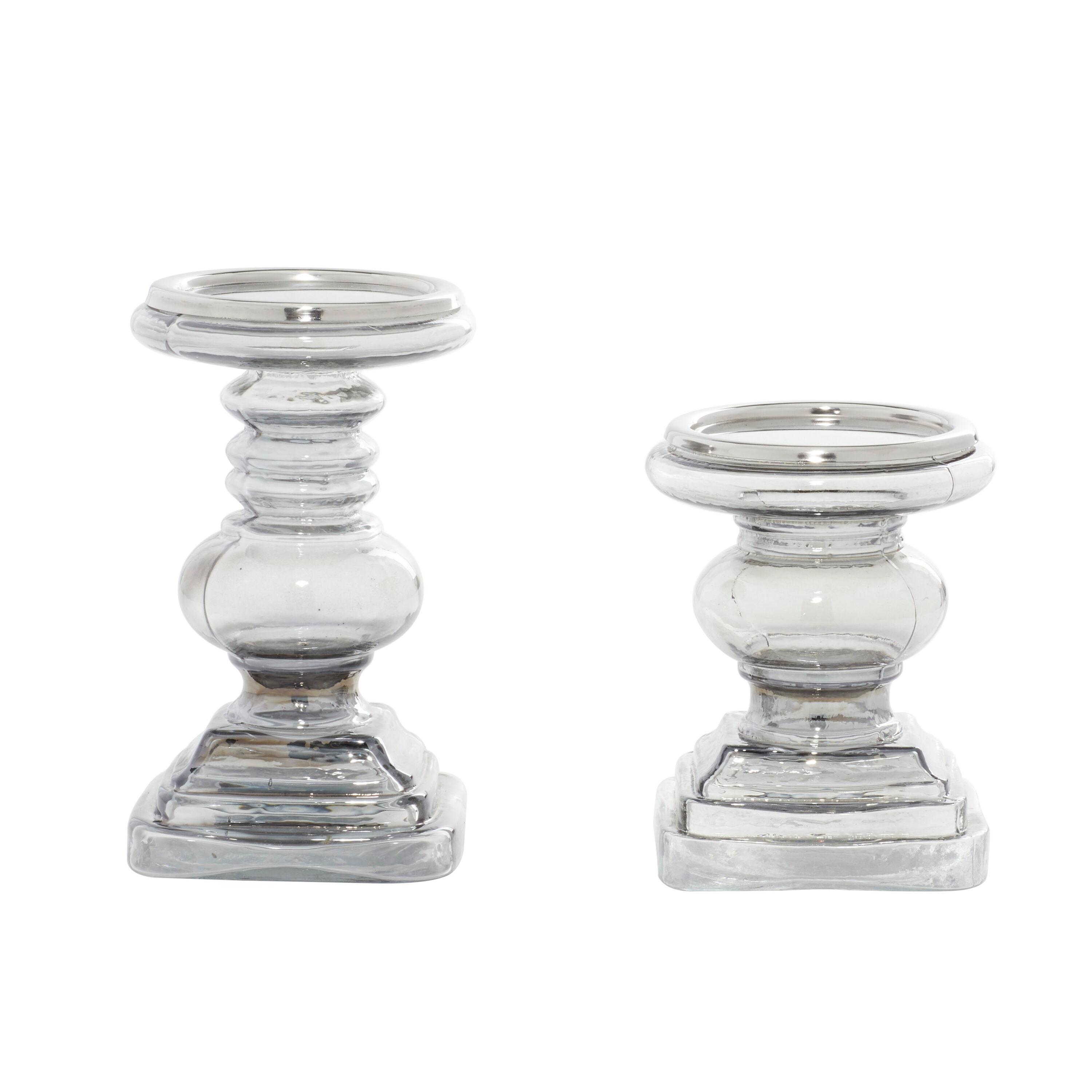DecMode 2 Candle Silver Glass Handmade Turned Style Pillar Candle Holder, Set of 2