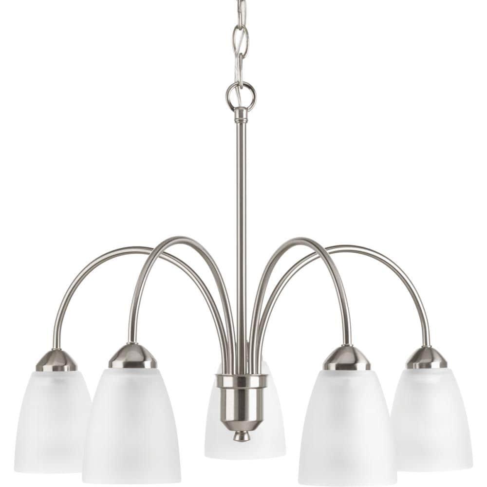 Progress Lighting Gather 5-Light Chandelier, Brushed Nickel, White Etched Glass Shade