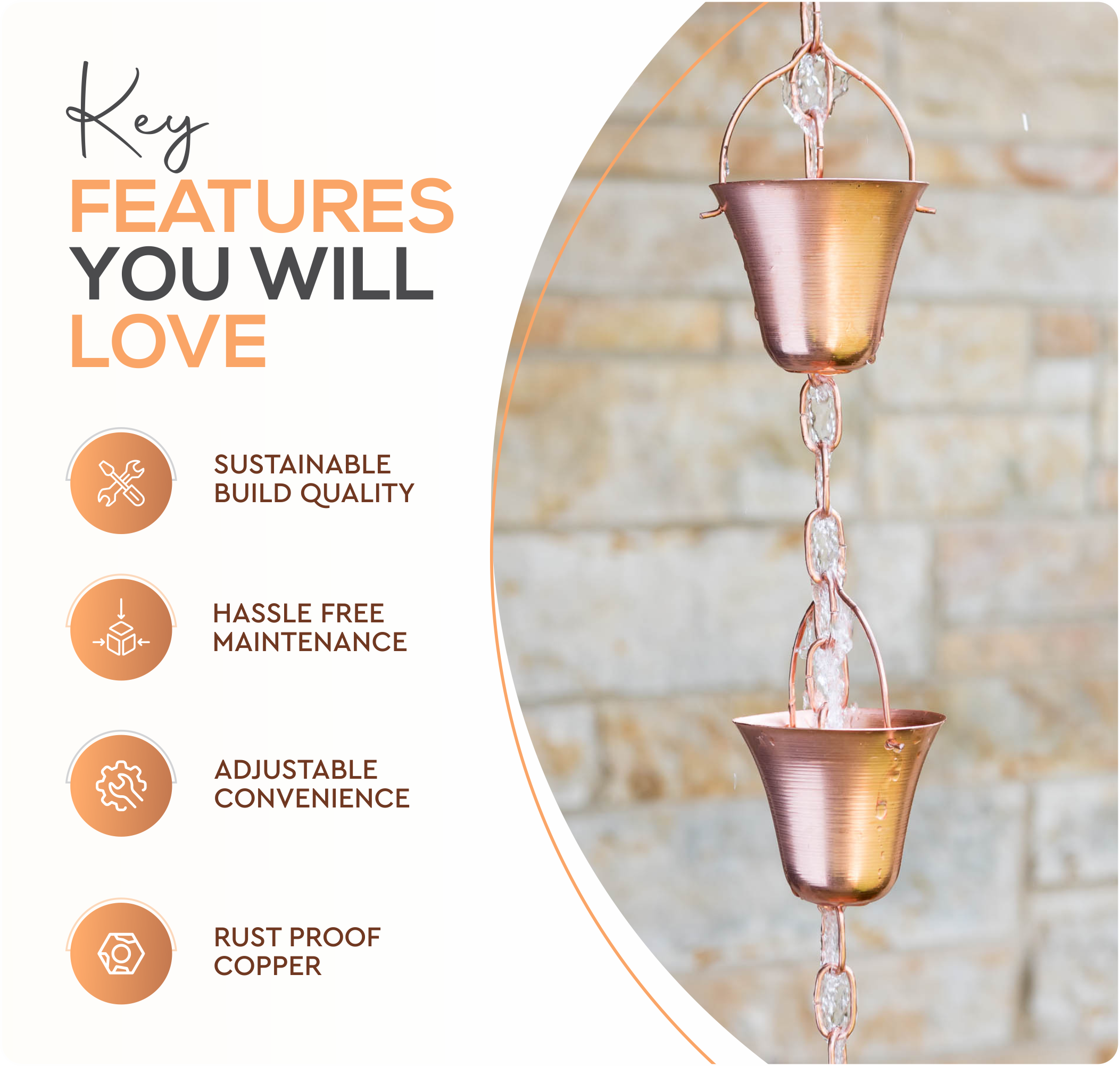 Marrgon Copper Rain Chain with Bell Style Cups for Gutter Downspout Replacement