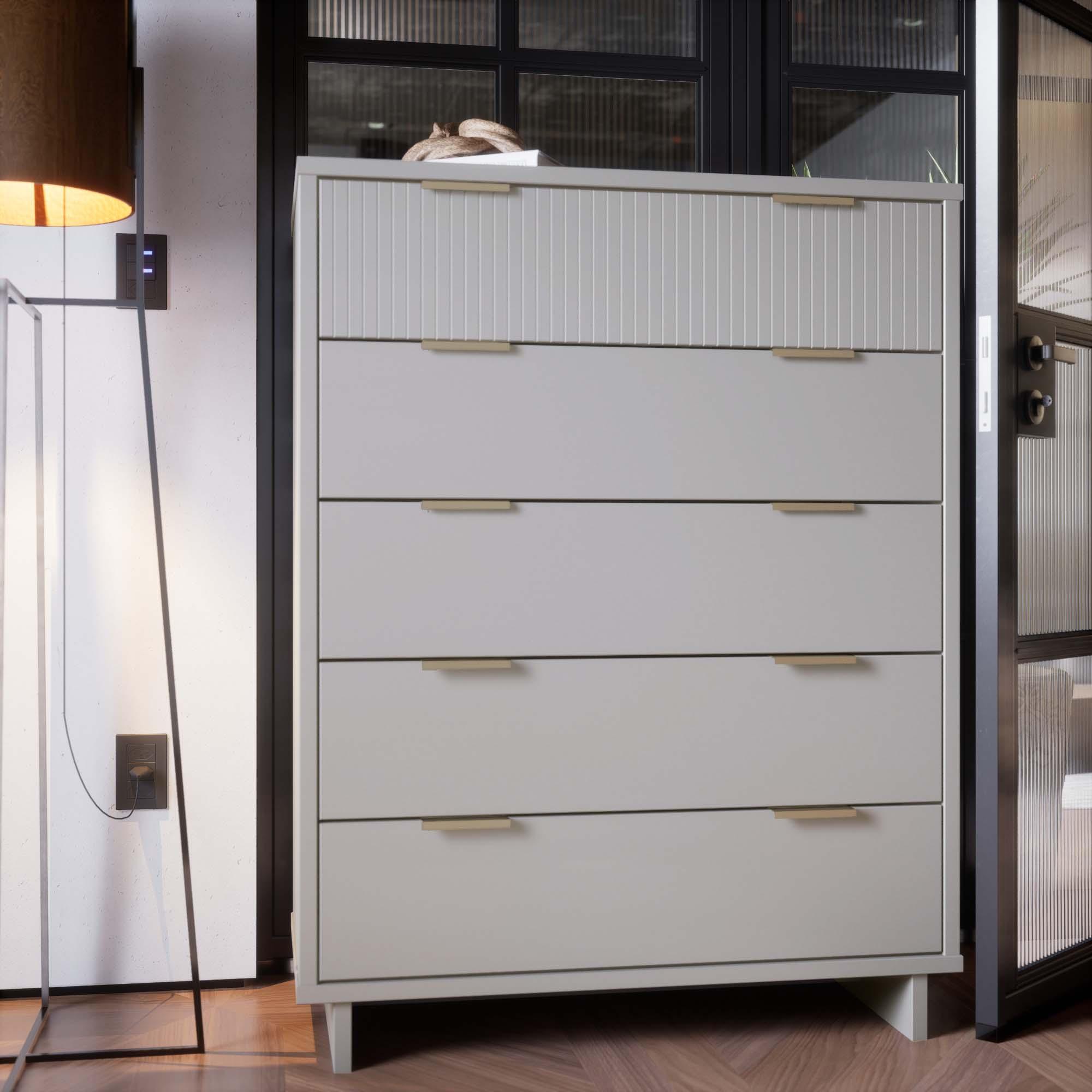 Manhattan Comfort Tall Granville Modern 5 Drawer Dresser Light Gray: Wood Frame, Spot Clean, Anti-Tip Hardware