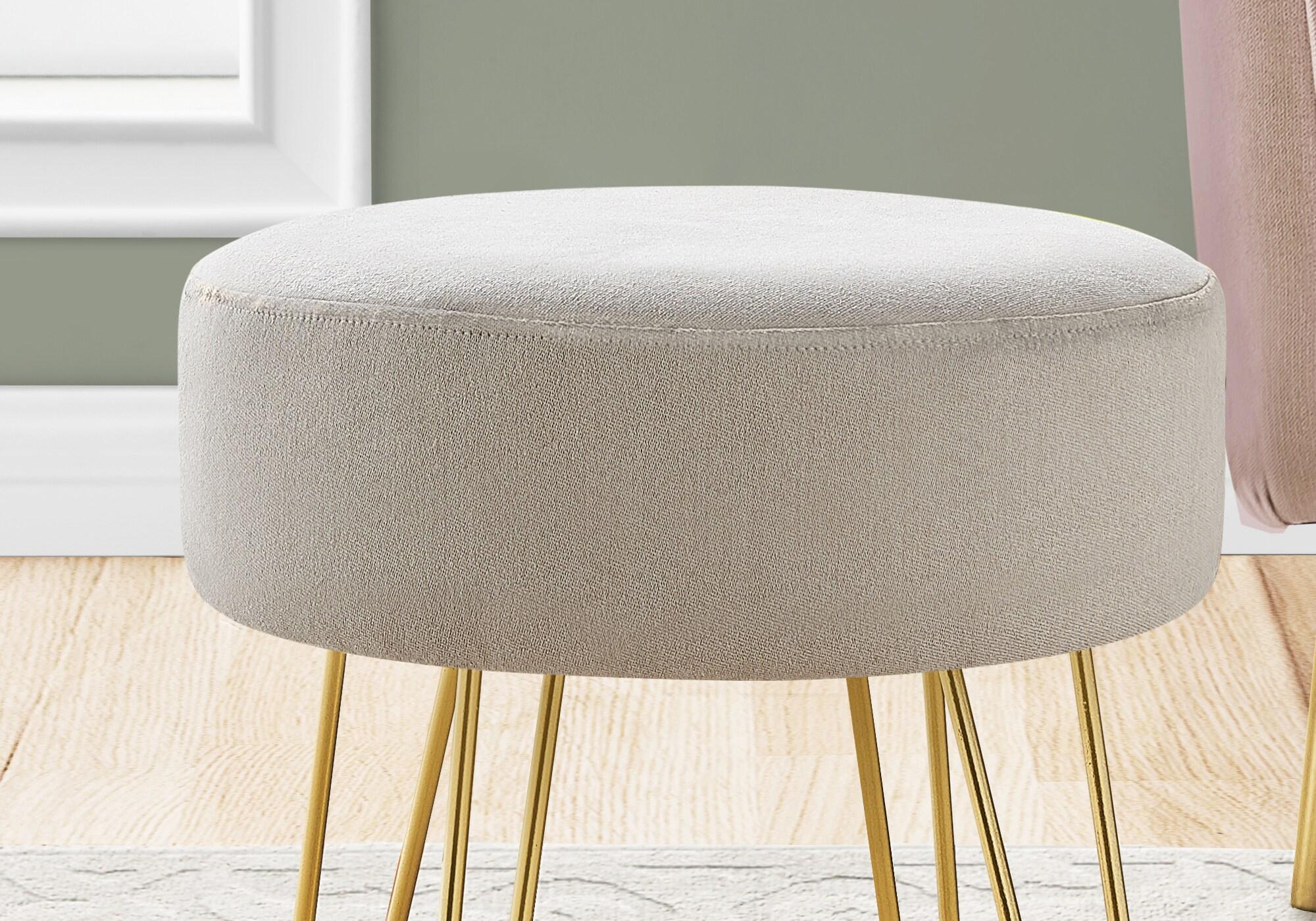 Ottoman, Pouf, Footrest, Foot Stool, 14" Round, Fabric, Metal Legs, Beige, Gold, Contemporary, Modern