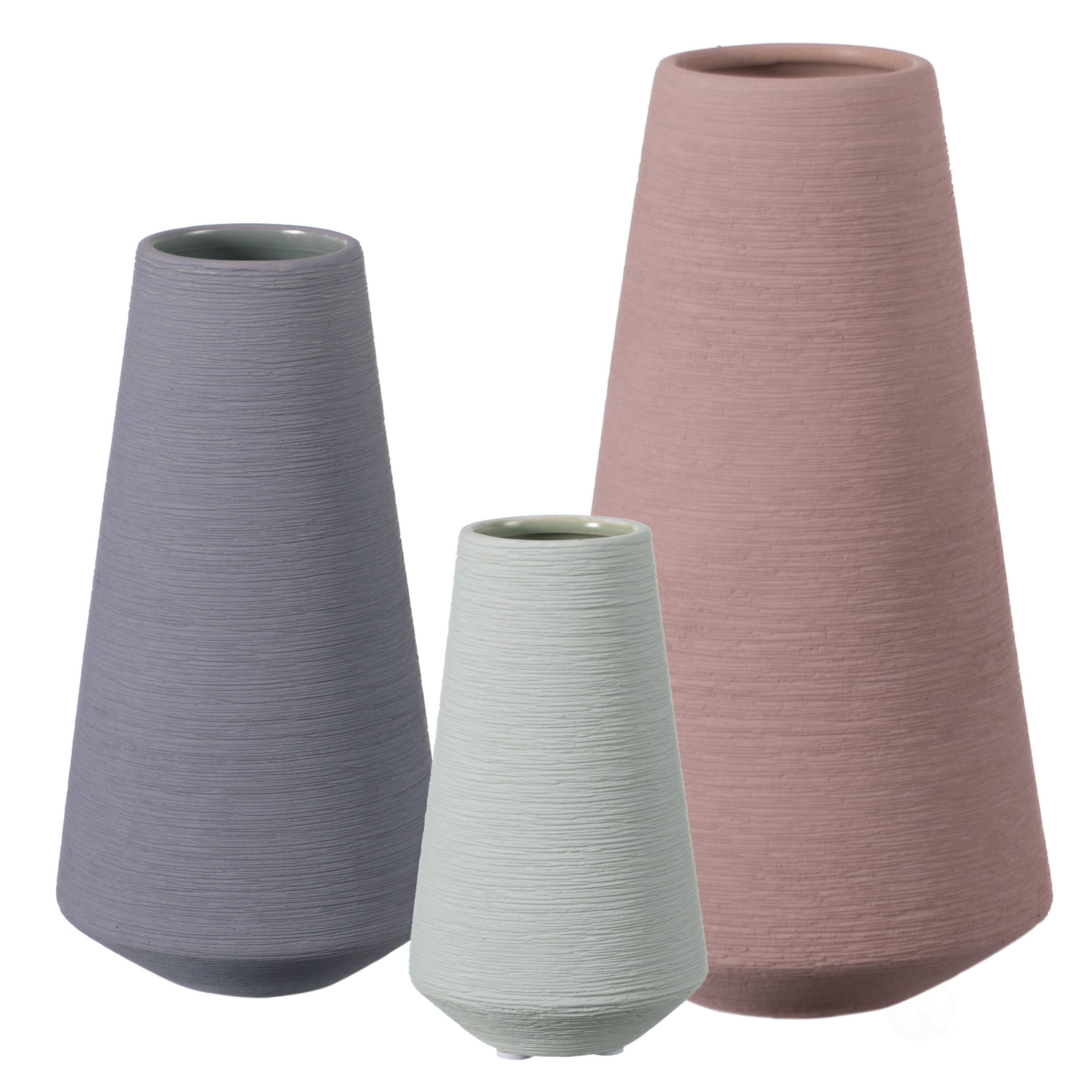 Uniquewise Decorative Ceramic Round Cone Shape Centerpiece Table Vase Set of 3, Pink Large, Gray Medium, and Green Small