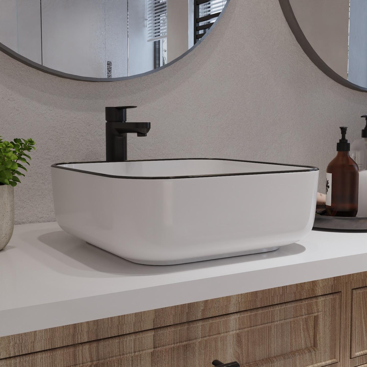 DeerValley Ace 15'' White/Black Square Ceramic Vessel Bathroom Sink