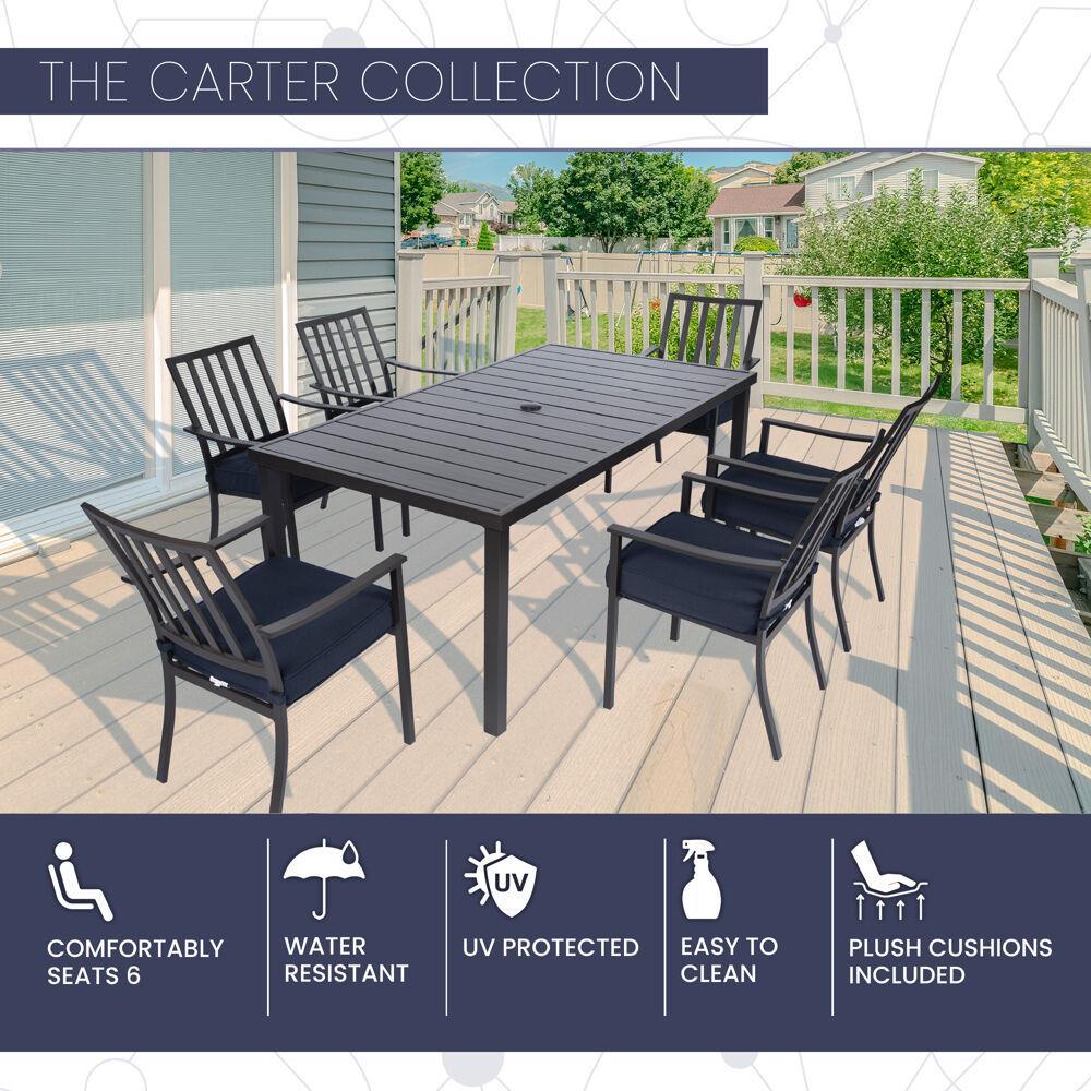 Mod Furniture Carter 7-Piece Modern Outdoor Patio Furniture Dining Set with All-Weather Aluminum Frames, 6 Padded Dining Chairs and 72"x40" Slat Table