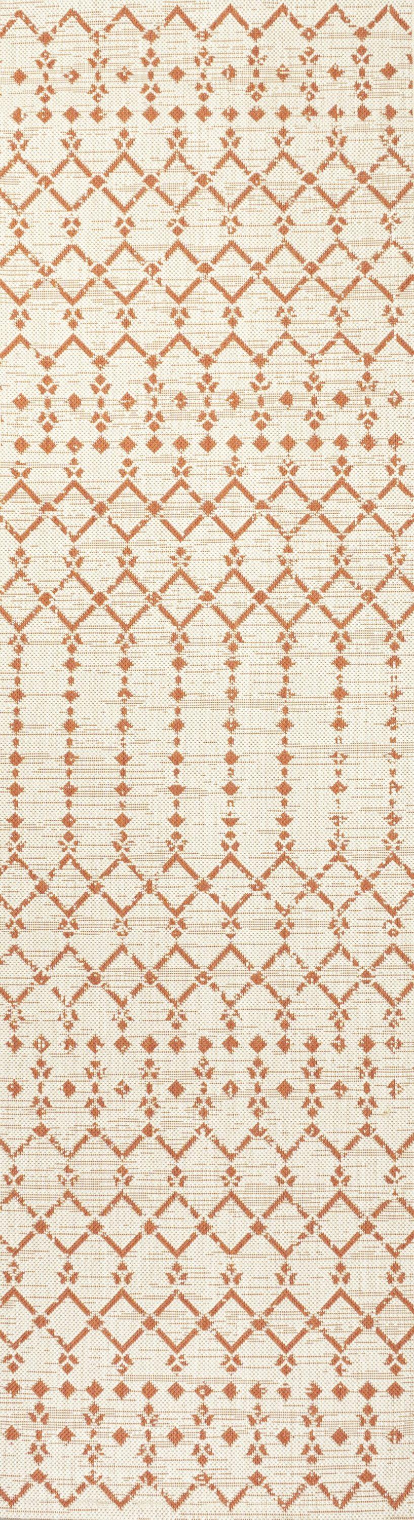 2' x 10' Ourika Moroccan Geometric Textured Weave Indoor/Outdoor Runner Rug, Cream/Orange - JONATHAN Y