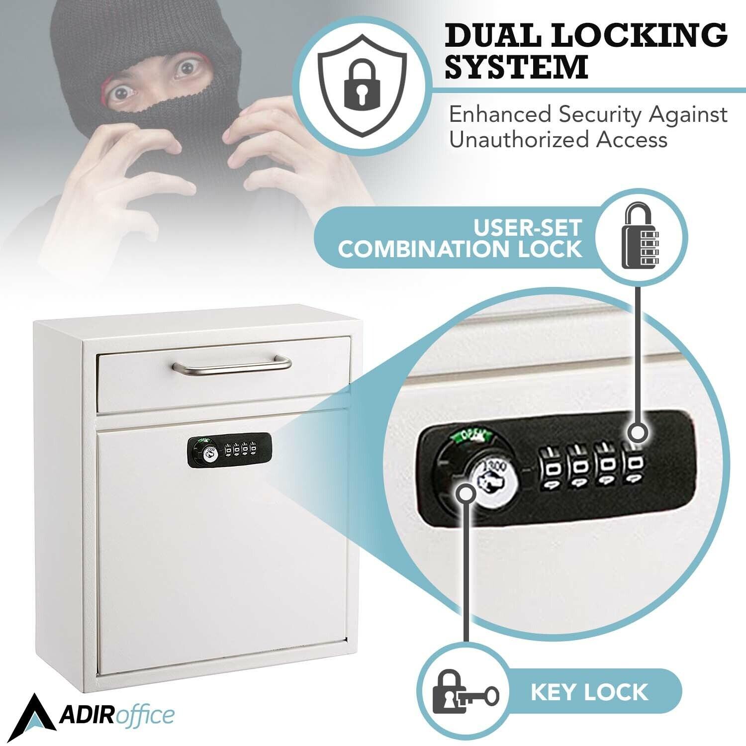 AdirOffice Wall-Mount Secure Drop Box Mailbox with Key and Combination Locking System