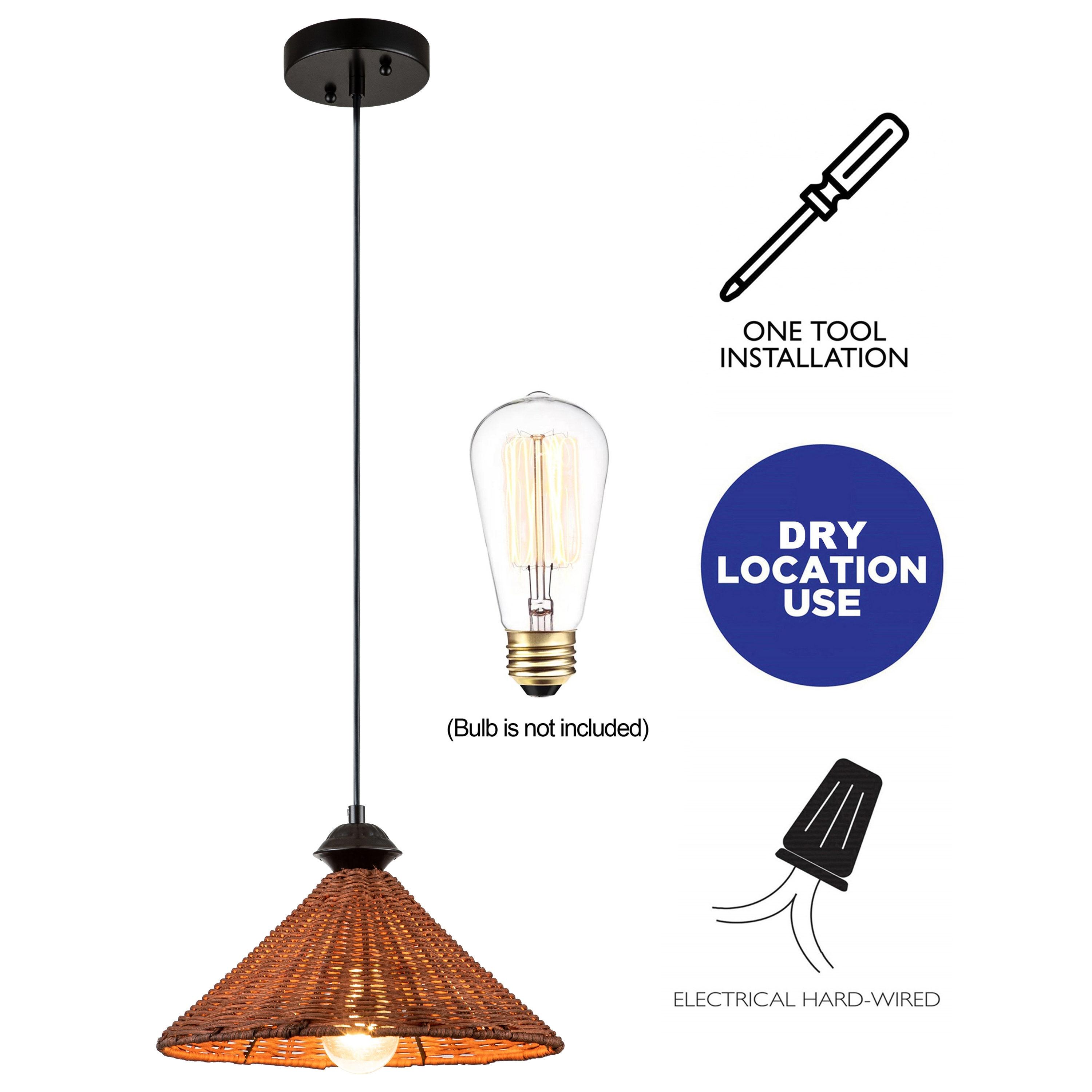 C Cattleya 1-Light Black Finish Naturan Rattan Dome Hanging Pendant Light