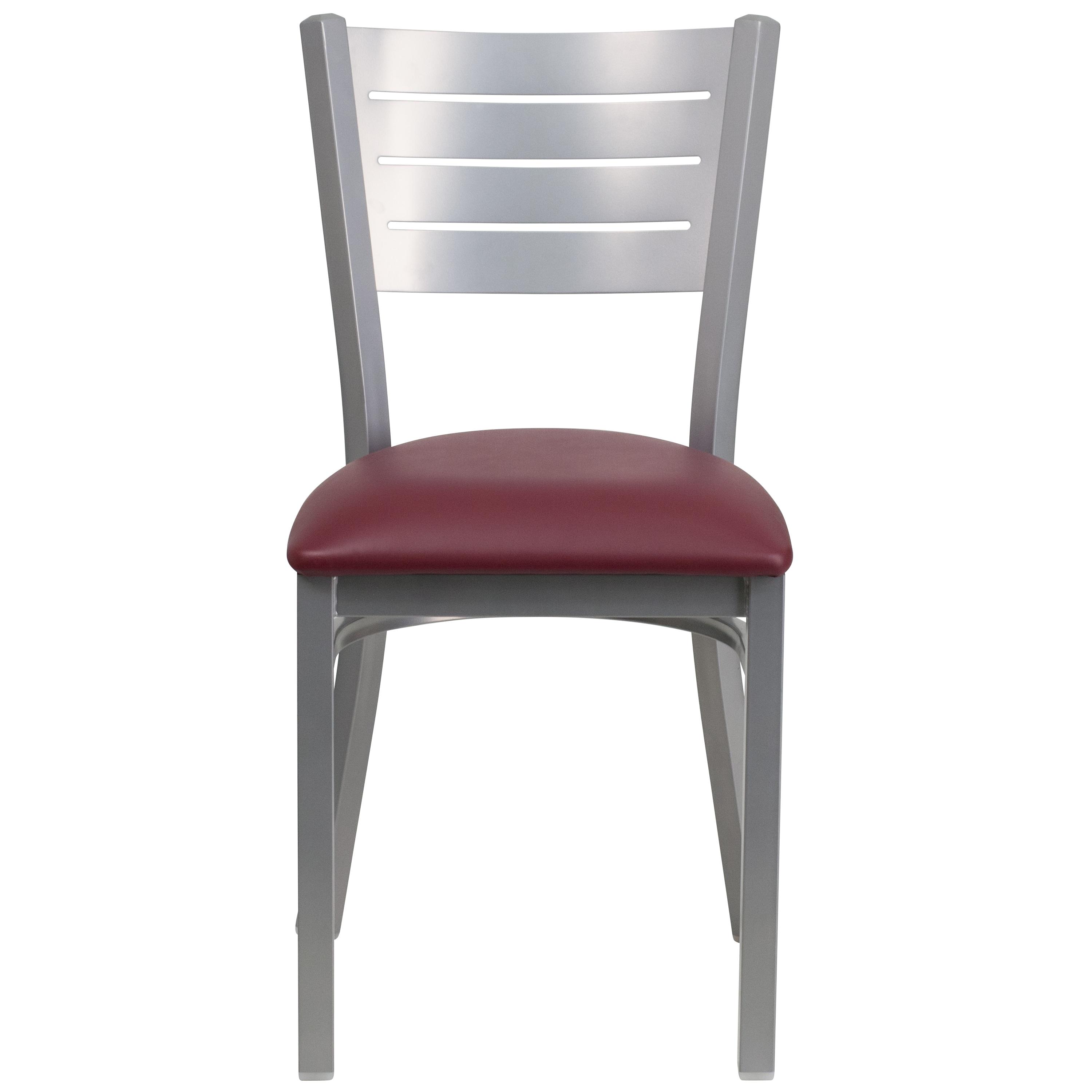 BizChair Silver Slat Back Metal Restaurant Chair - Burgundy Vinyl Seat