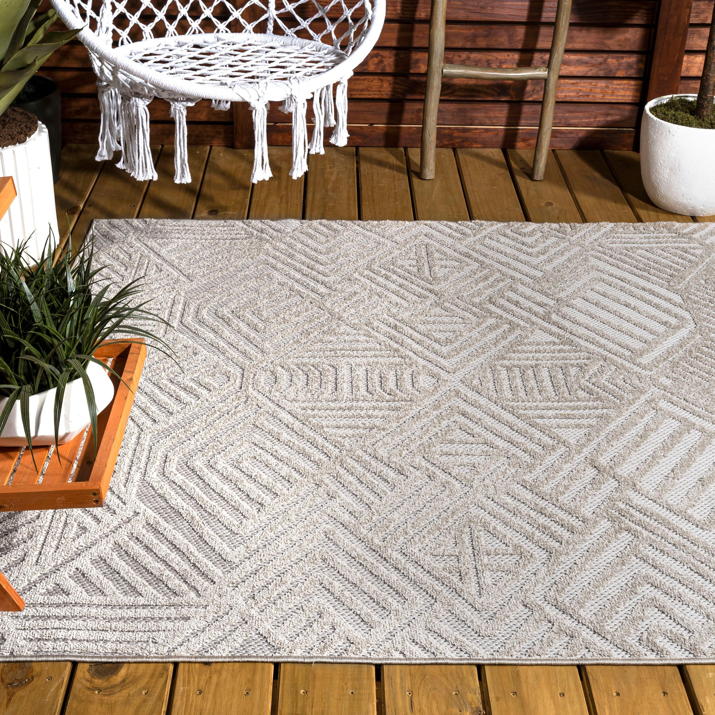 5'x8' Jordan High-Low Pile Art Deco Geometric Indoor/Outdoor Area Rug, Beige - JONATHAN Y