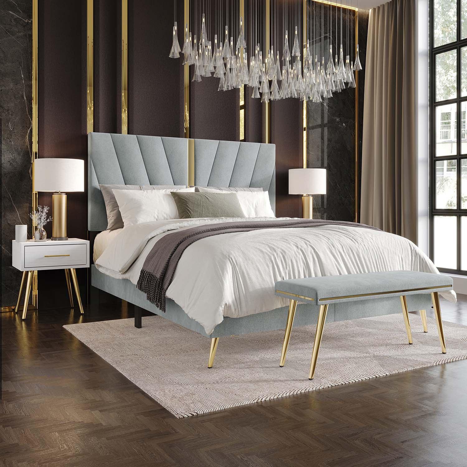 Castle Place Contemporary Velvet Queen Upholstered Bed with 2 Nightstand and Bench, Silver Grey