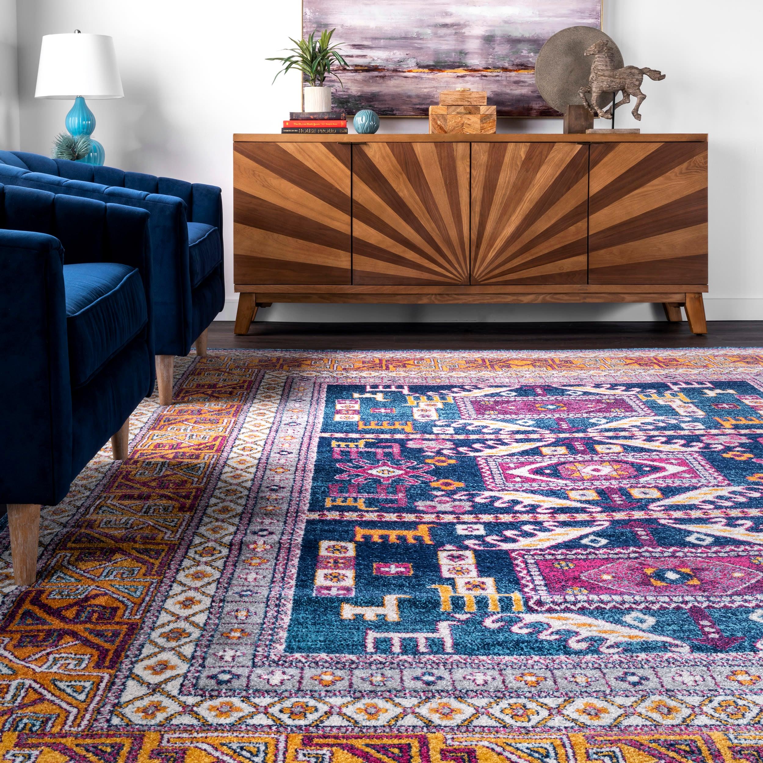 Nuloom Lorena Geometric 7x9 Indoor Area Rug for Living Room Bedroom Dining Room Kitchen, Navy/Orange