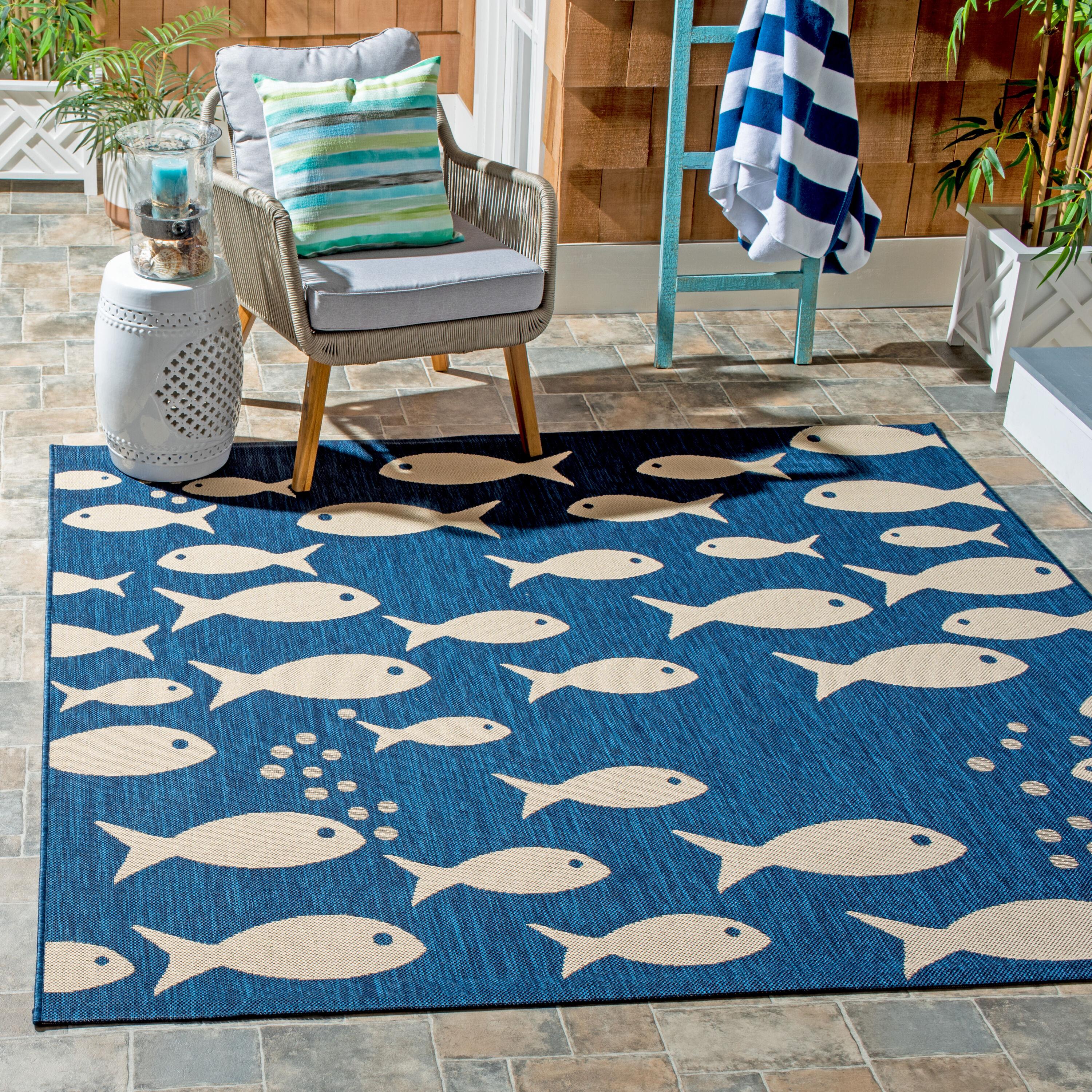 Navy & Beige Synthetic Square Indoor/Outdoor Easy-Care Rug, 5'3" x 5'3"