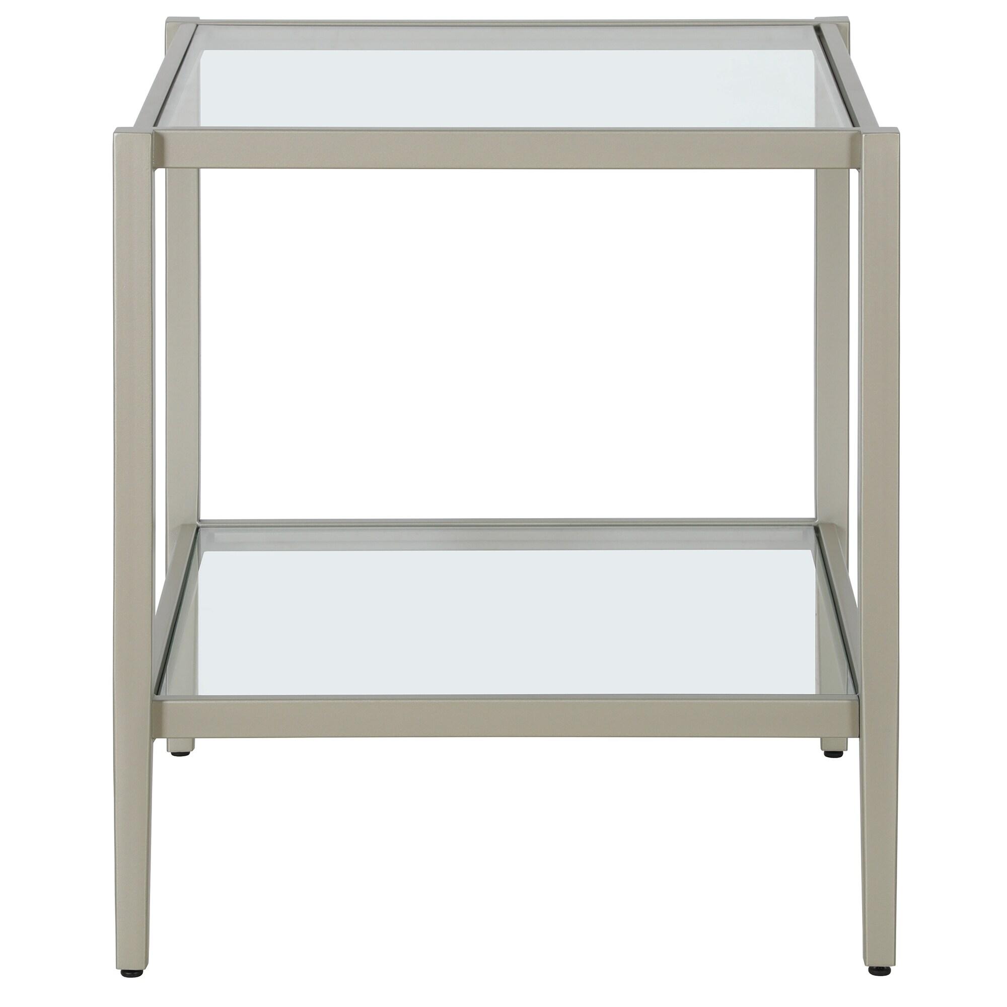 Evelyn&Zoe Hera 20" Wide Square Side Table with Glass Shelf, Satin Nickel