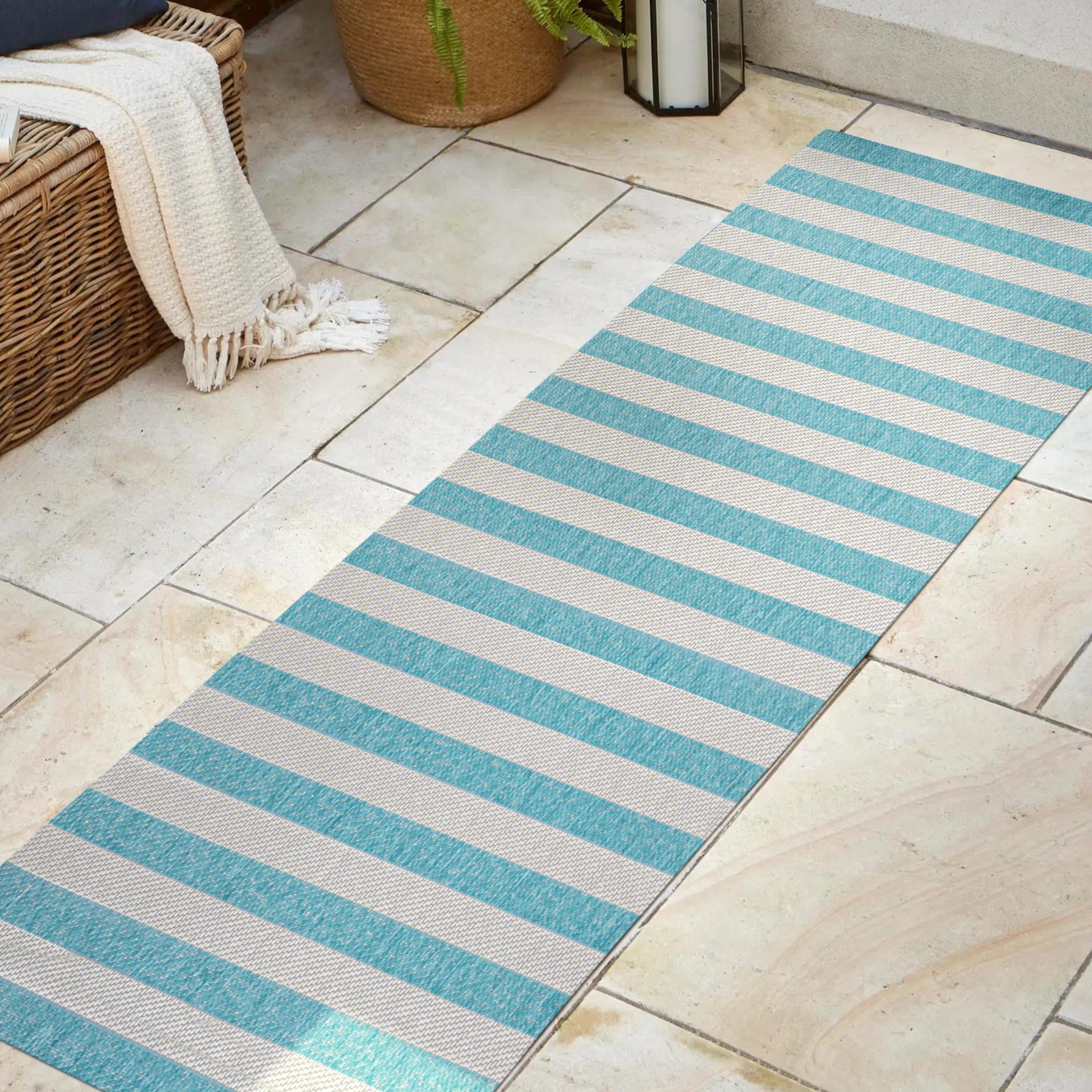 2' x 8' Negril Two-Tone Wide Stripe Indoor/Outdoor Runner Rug, Aqua/Cream - JONATHAN Y