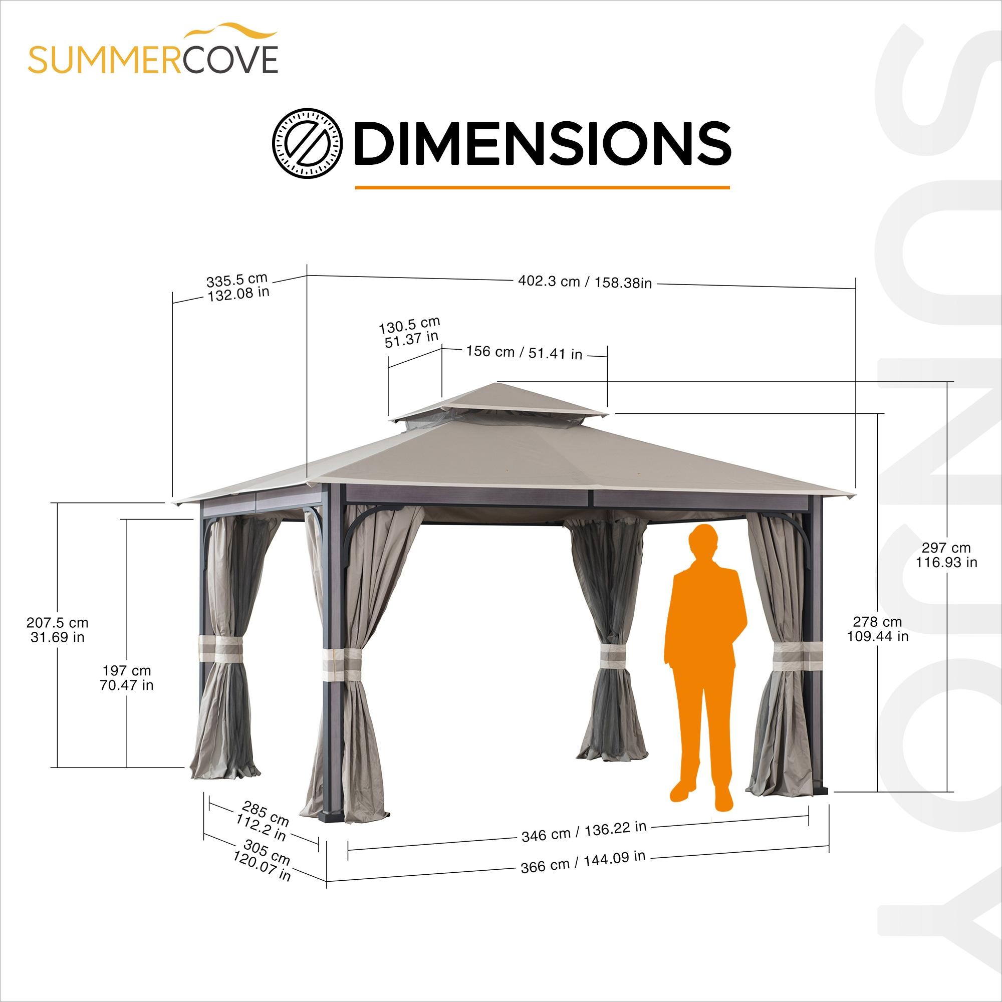 Sunjoy Roberts Outdoor Patio Steel Frame 11 x 13 ft. 2-Tier Soft Top Gazebo with Light Gray Canopy Roof, Netting, and Curtains