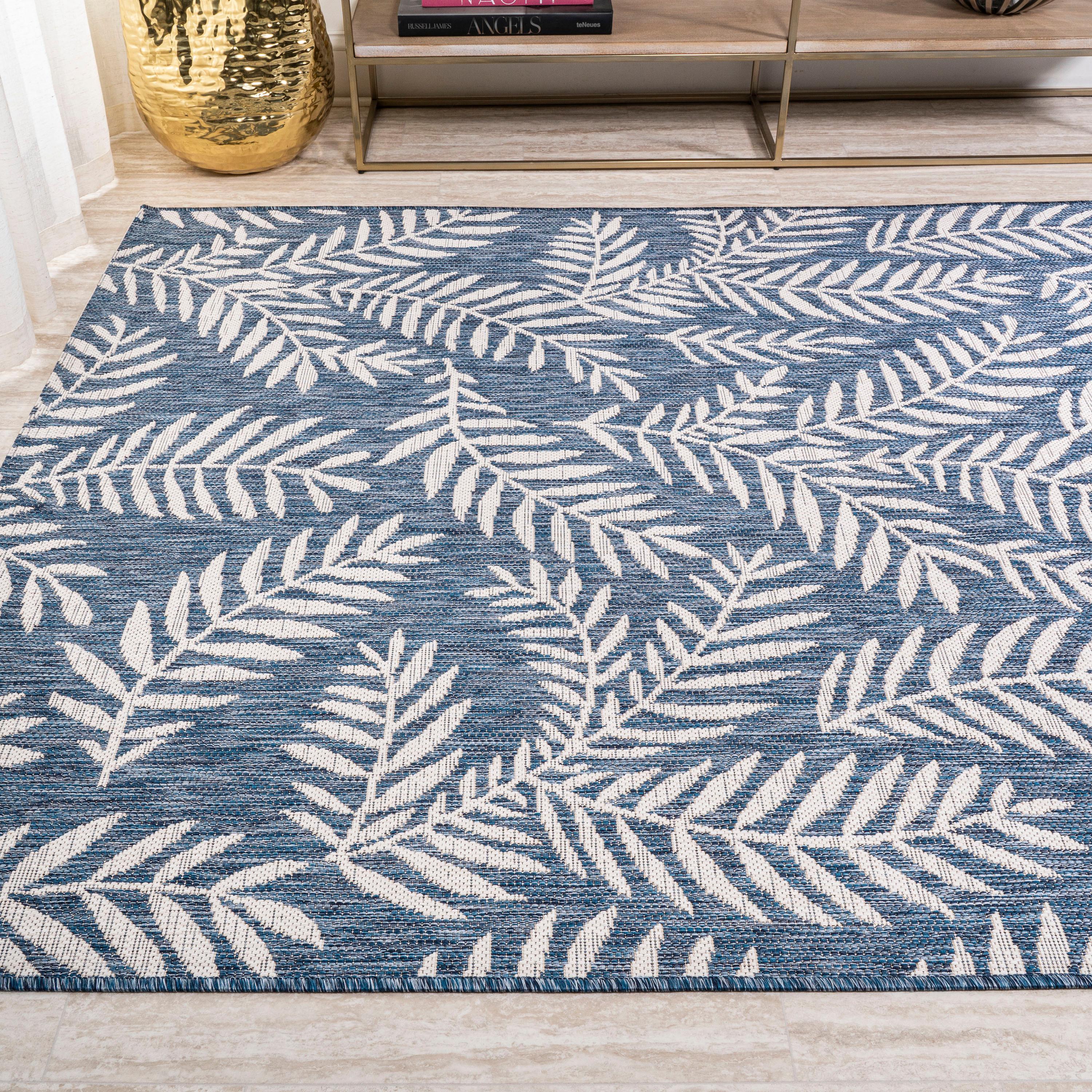 5'x8' Nevis Palm Frond Indoor/Outdoor Area Rug, Navy/Ivory - JONATHAN Y