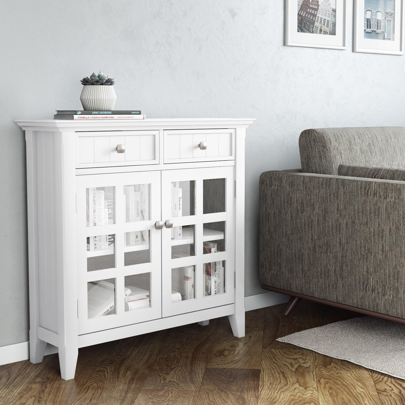 Simpli Home Acadian 36"W Solid Wood 2-Shelf Entryway Storage Cabinet with Glass Doors and 2 Drawers