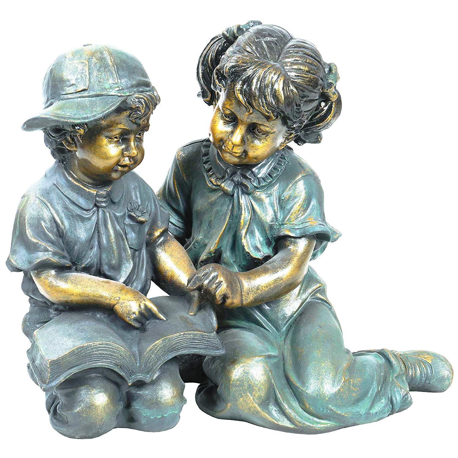 Antique Bronze Boy and Girl Reading Garden Statue Set