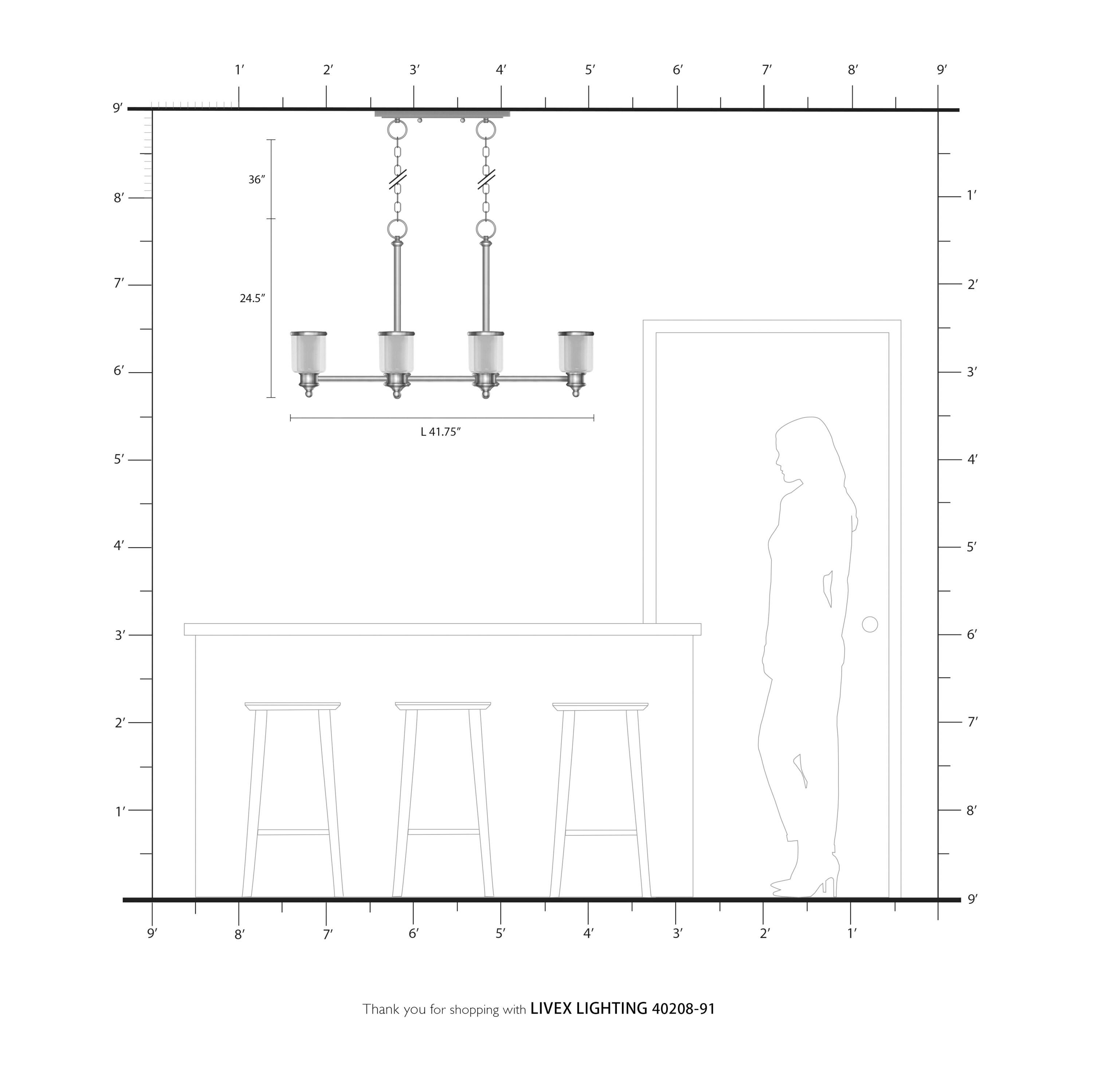 Livex Lighting 40208-91 Transitional Eight Light Linear Chandelier from Middlebush Collection in Pwt, Nckl, B/S, Slvr. Finish, 41.75 inches, 24.50x41.75x20.00, Brushed Nickel