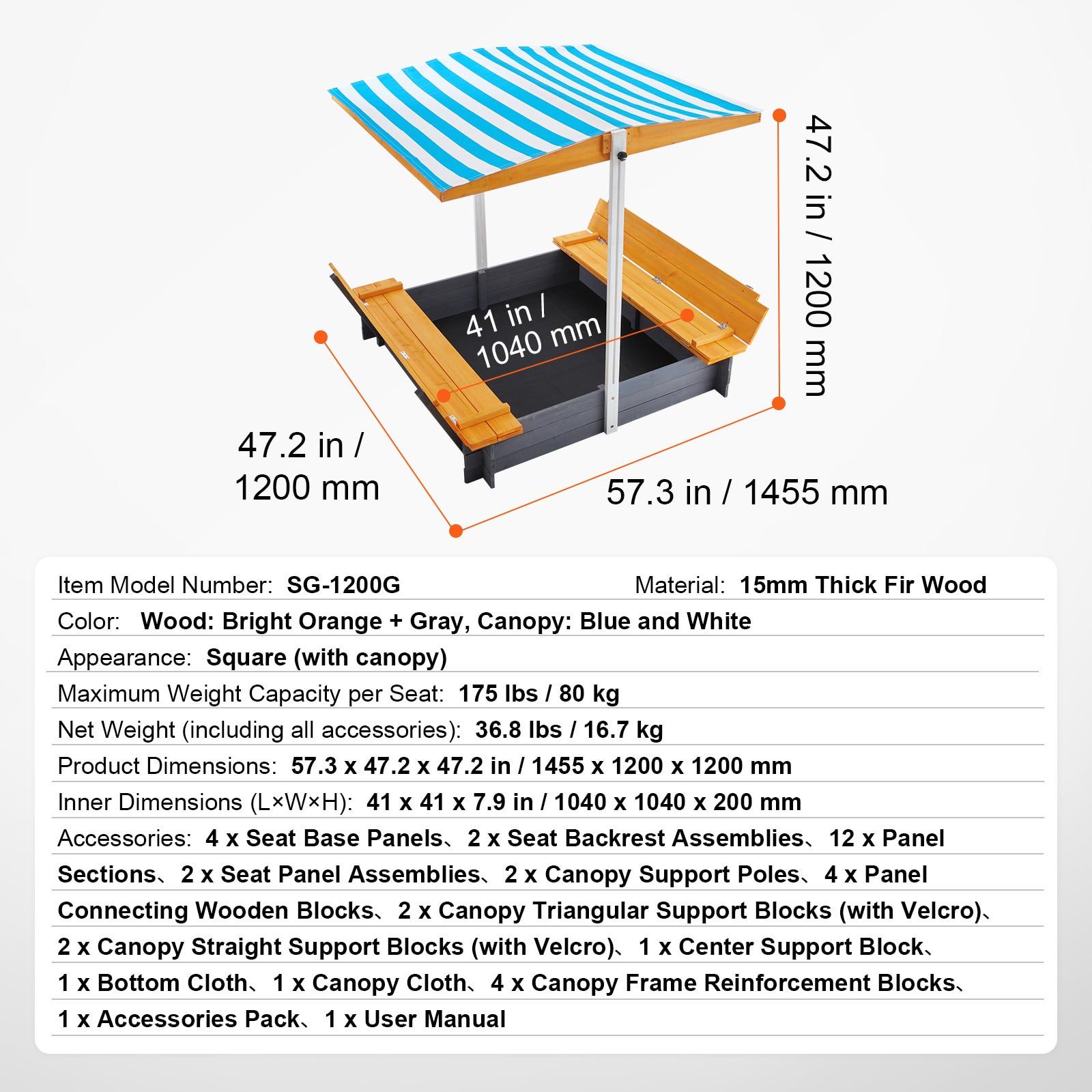 VEVOR Wooden Sandbox with Canopy, Sandpit with Foldable Bench Seats and Bottom Liner, Height Adjustable Roof, Gift for Ages 3-12 Years Old Backyard Garden Easy Assembly (57.3 x 47.2 x 47.2in)