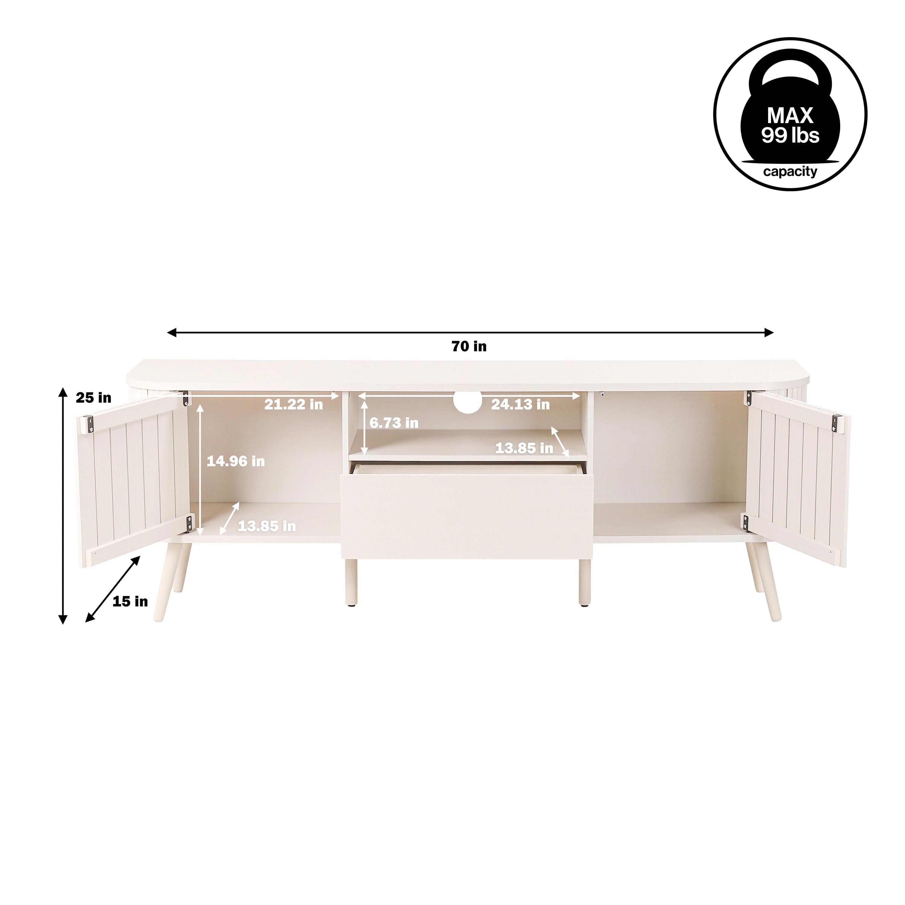 JONATHAN Y Damien 70 in. Farmhouse Curved TV Stand with Drawer and Storage Doors Fits TVs up to 75 in. with Cable Management, Off-White