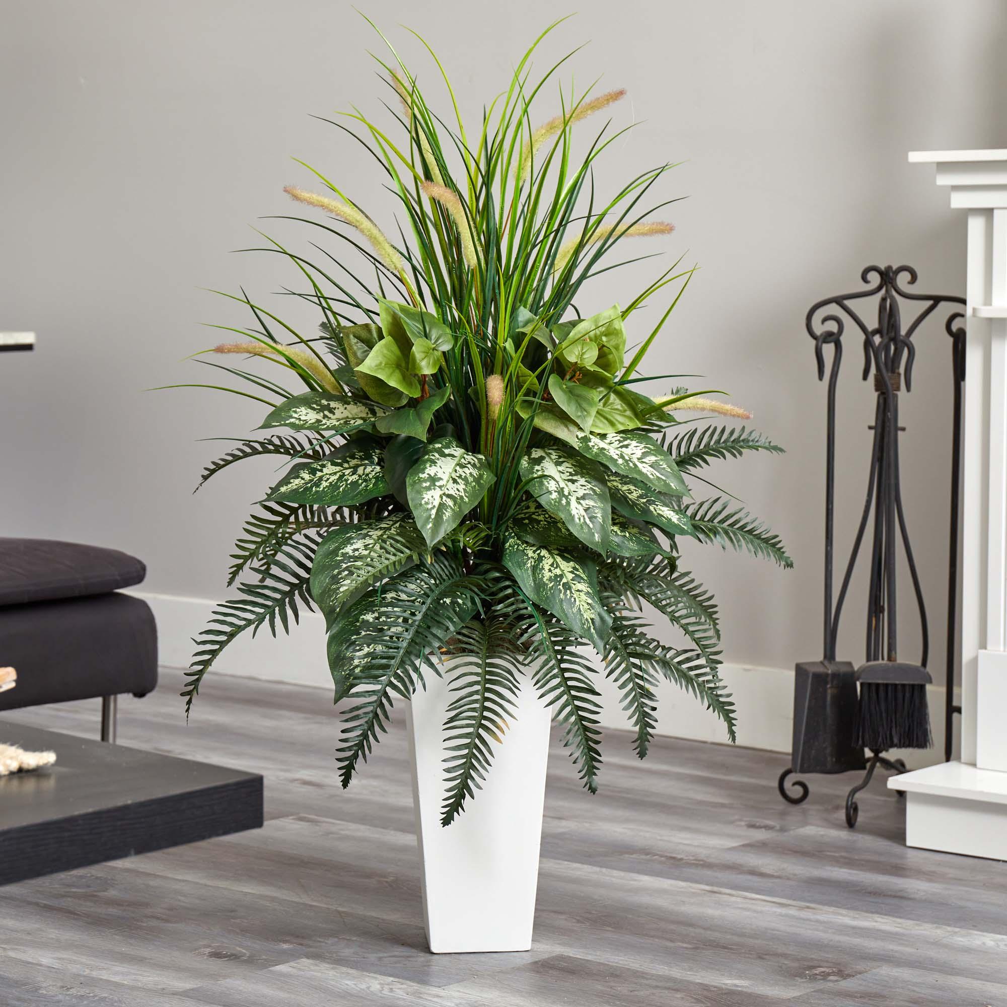 48" x 26" Artificial Mixed River Fern and Dogtail Plant in White Tower Planter - Nearly Natural: Indoor Faux Floor Plant