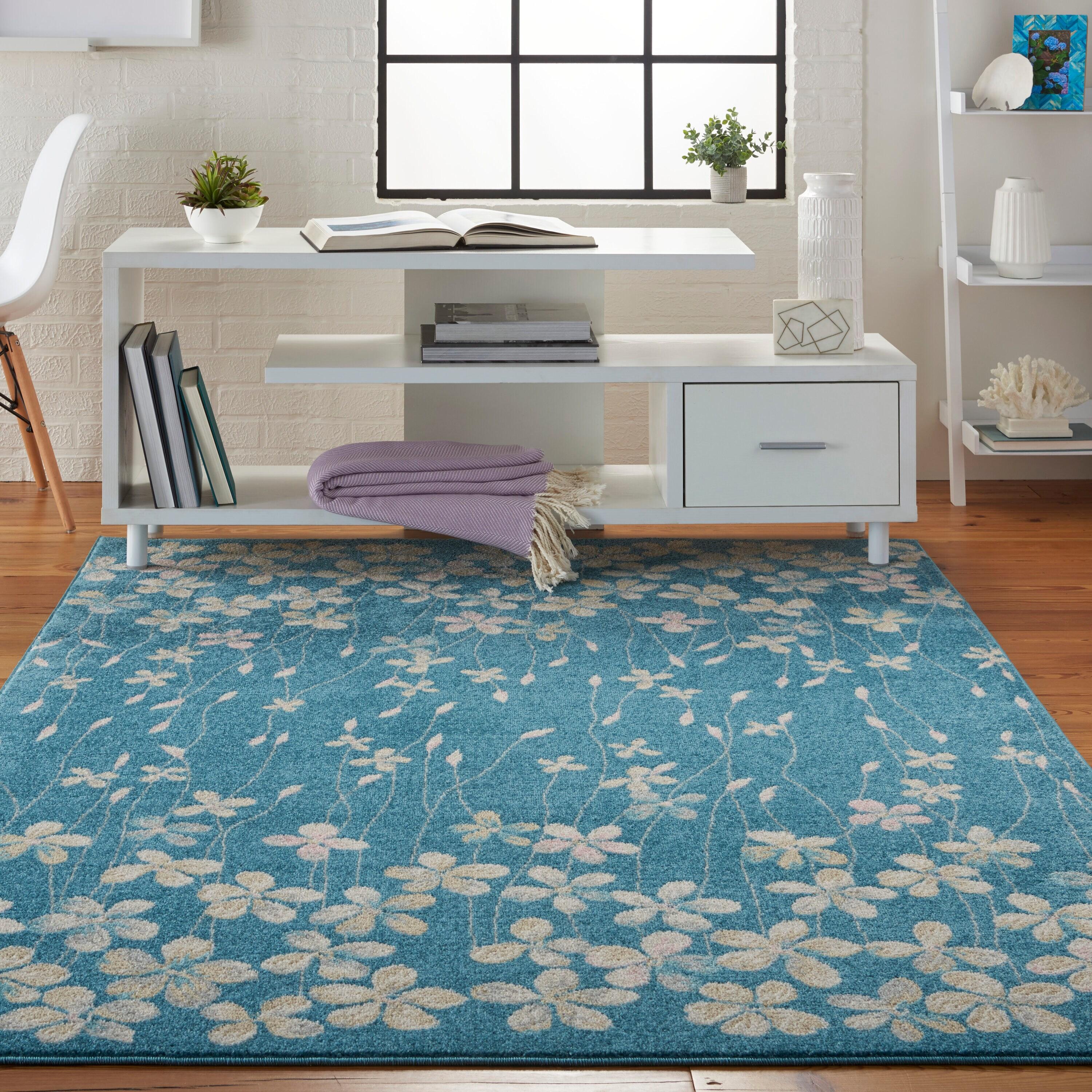Nourison Tranquil 4' X 6' Turquoise Area Rug Bohemian Botanical Vine and Bloom by Nourison