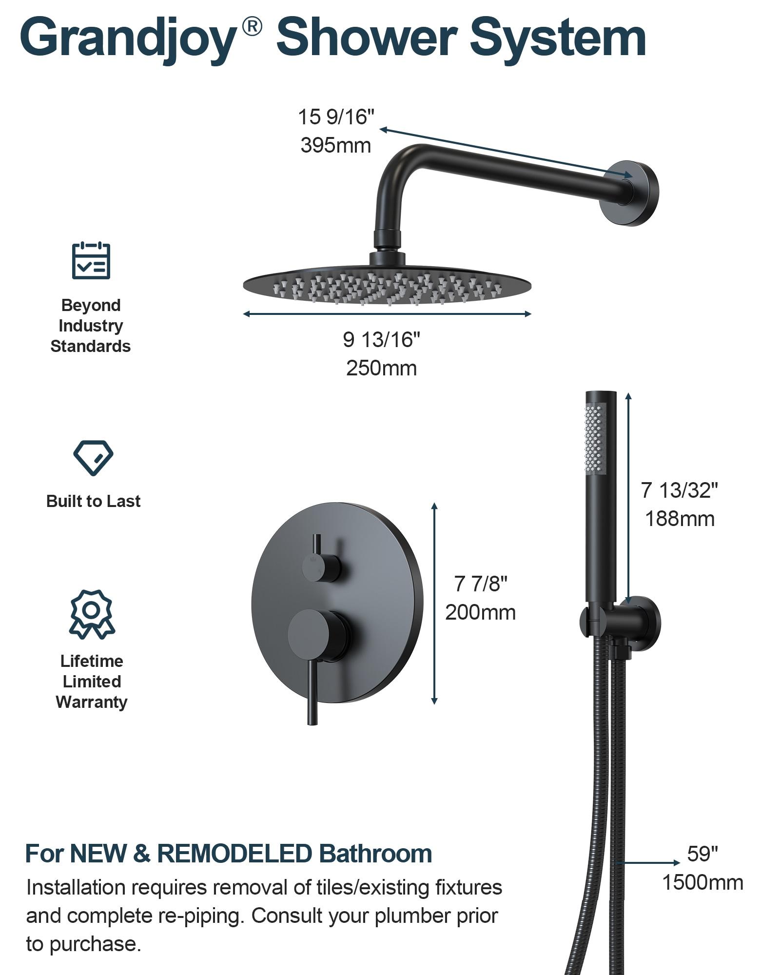 GRANDJOY Complete Shower System, 10" and 6" Dual Wall Mount Rain Shower Faucets with Handheld Shower Spray, High Pressure in Matte Black