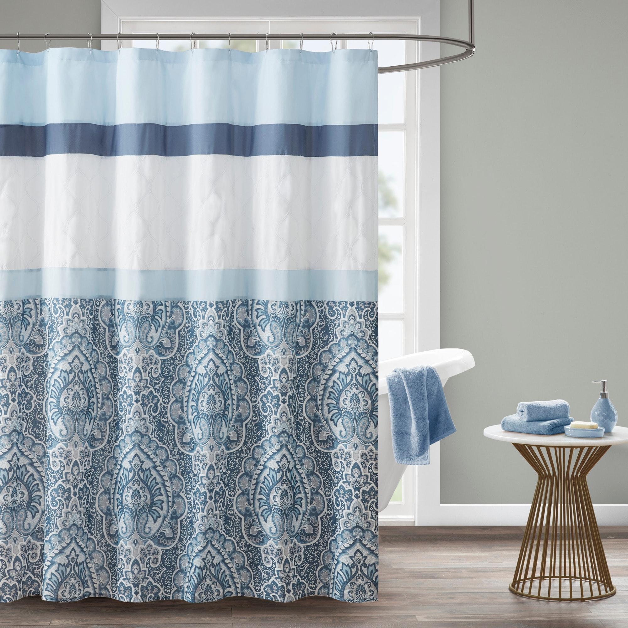 510 Design Shower Stacie Embroidered Shower Curtain Blue: Microfiber, Machine Washable, Non-Slip Backing