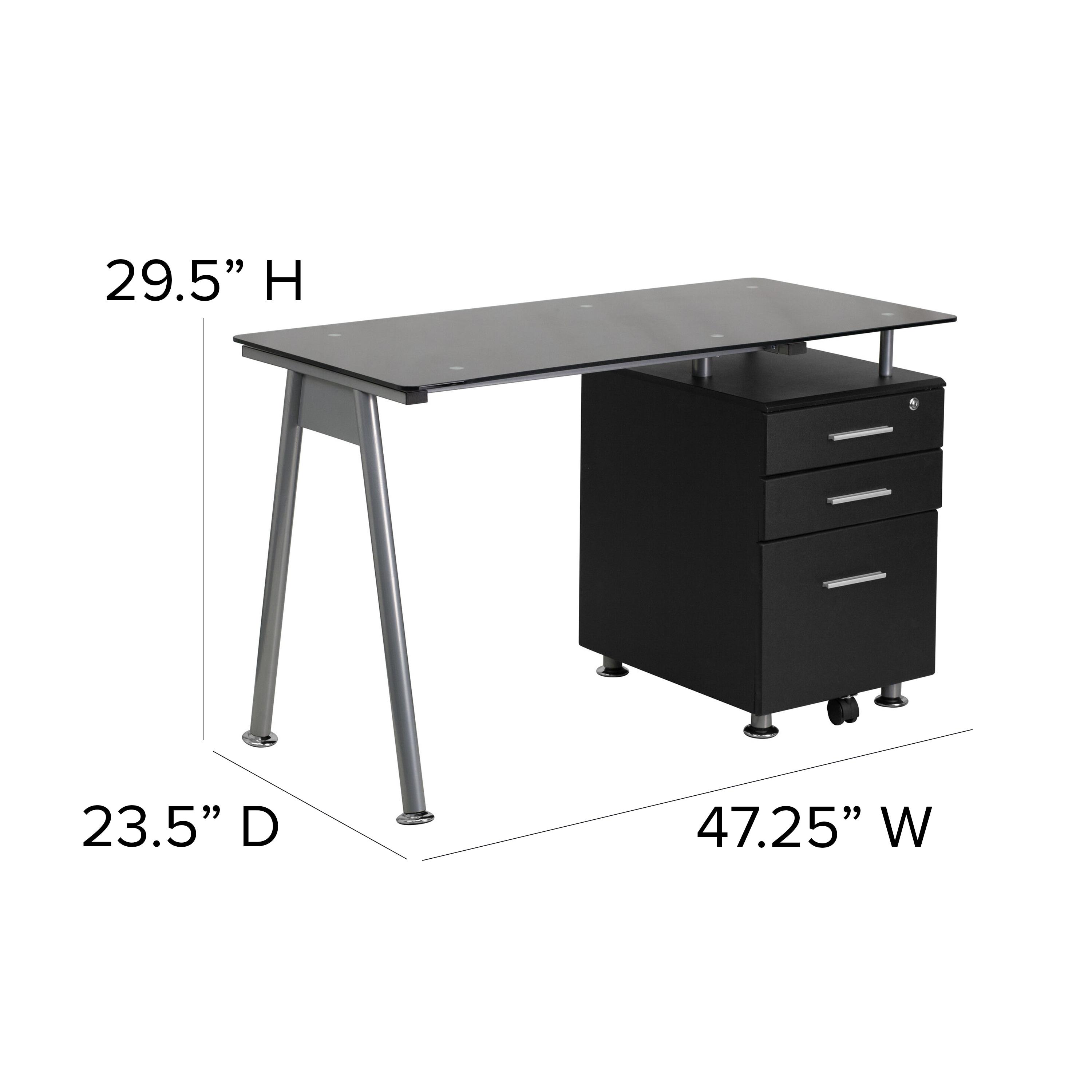 Flash Furniture Black Glass Computer Desk with Three Drawer Pedestal