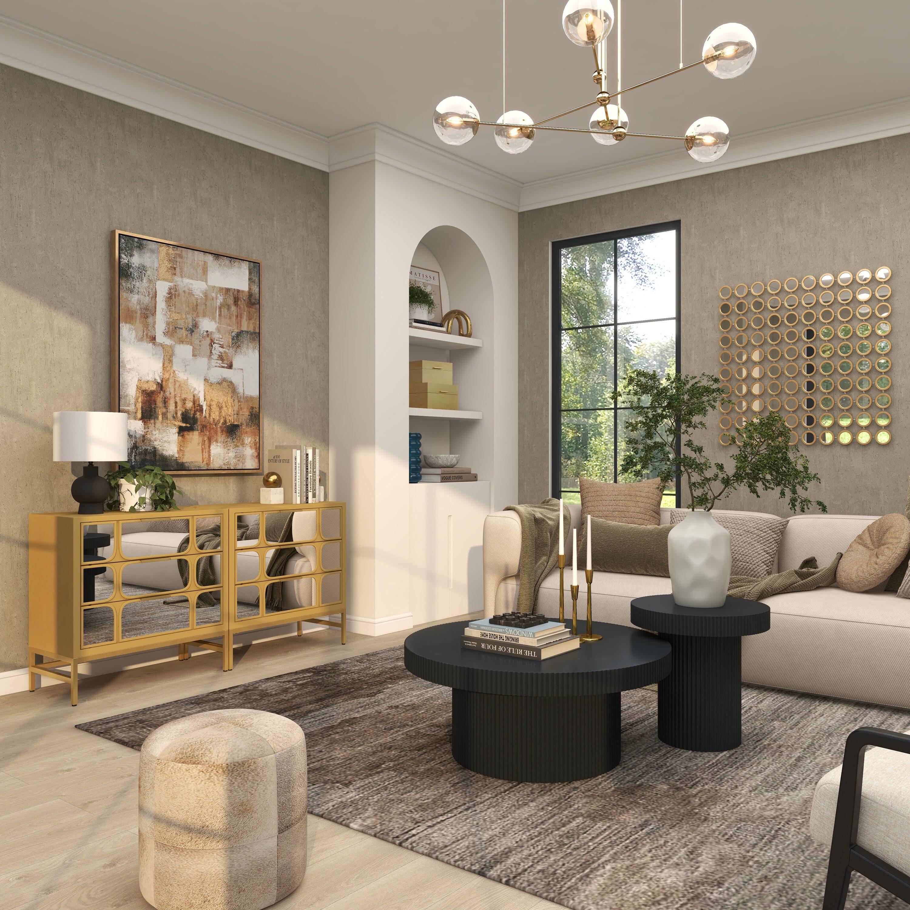 DecMode 32" x 32" Gold Wood 3 Drawer Cabinet with Mirrored Front, 1-Piece